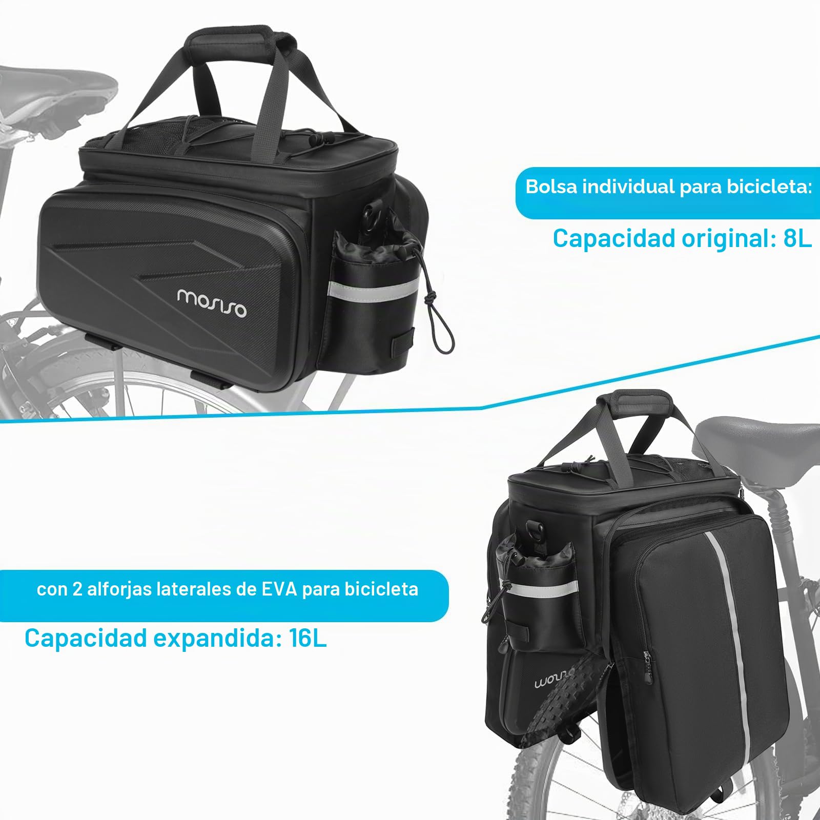 MOSISO Bike Rack Bolsa Tronco Nevera Bolso, Bicicleta Aislado Bolso del Asiento Trasero 2 Bolsillos EVA con Alforjas Laterales Plegables, 8L Bolsa Almacenes Equipaje Carga con Correa Hombro, Negro
