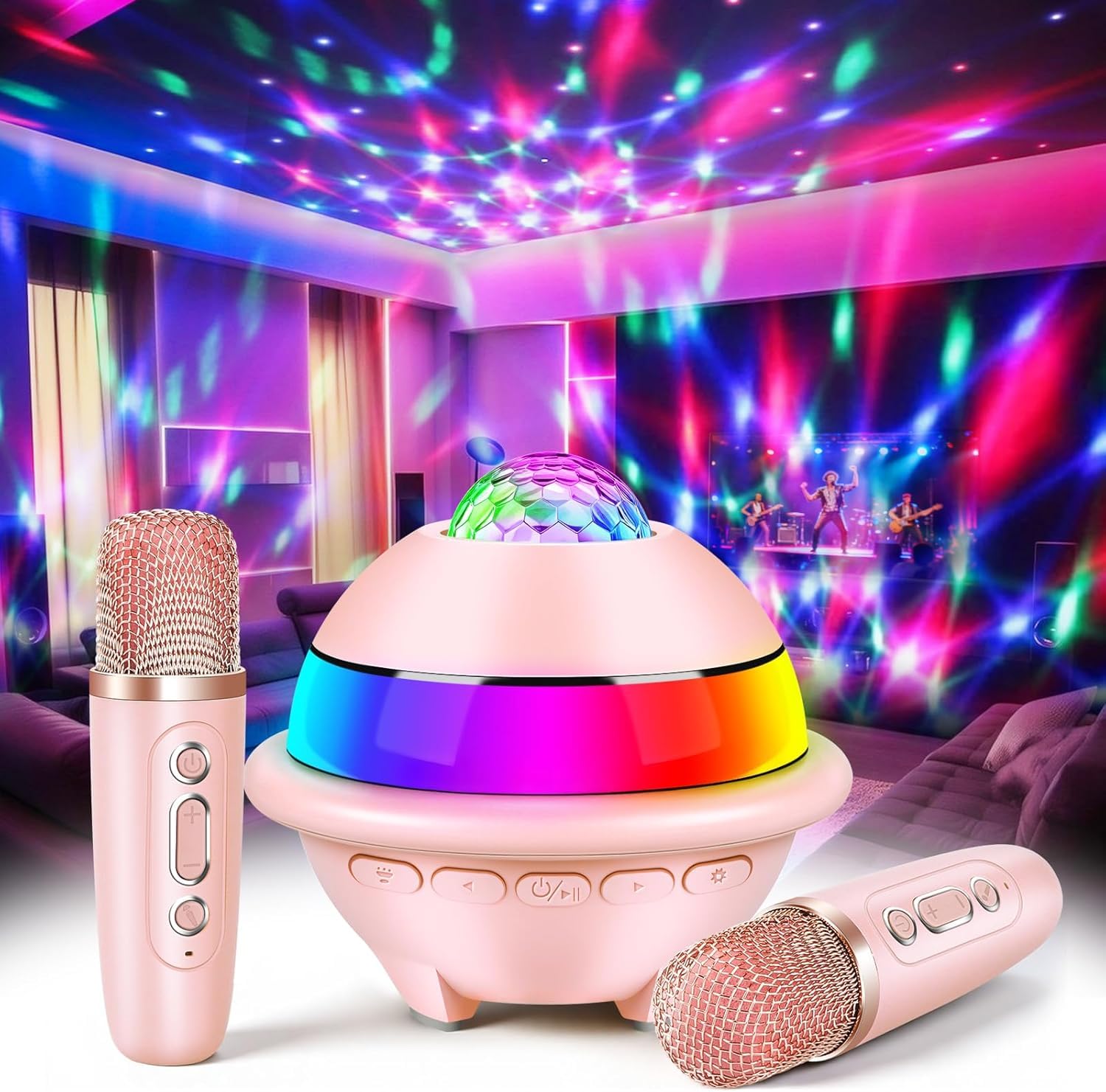 JONRRYIN Zestaw do karaoke z 2 mikrofonami, przenośna maszyna do karaoke Bluetooth dla dzieci ze światłem dyskotekowym i 5 efektami dźwiękowymi, głośnik Bluetooth dla dzieci, muzyka, prezent na Boże