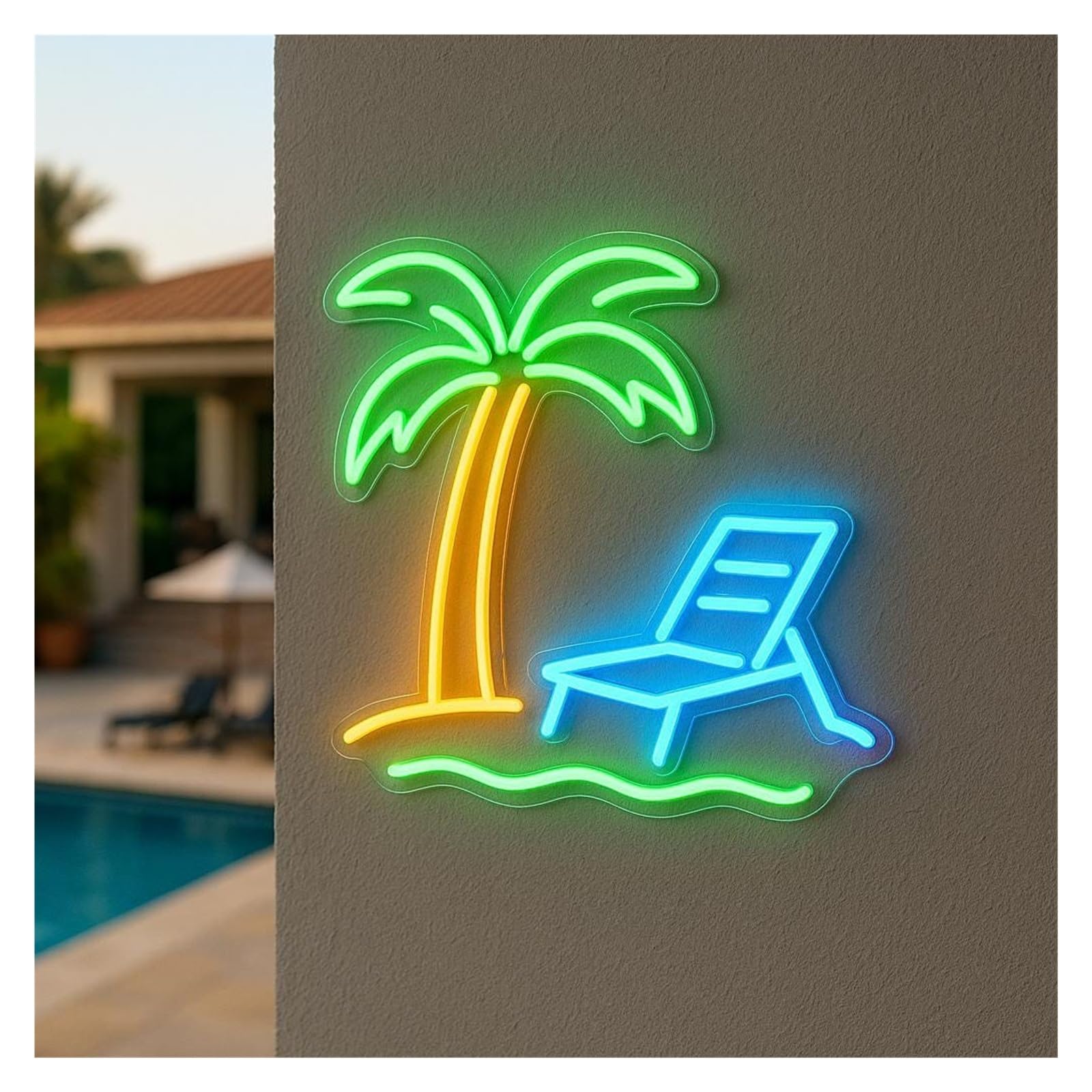 RONGCH Hanging Art Signs Pool Neon Sign Palm Tree and Lounger for Gameroom Bedroom Bar Livingroom Birthday Party Wall Decoration 50cm(A)