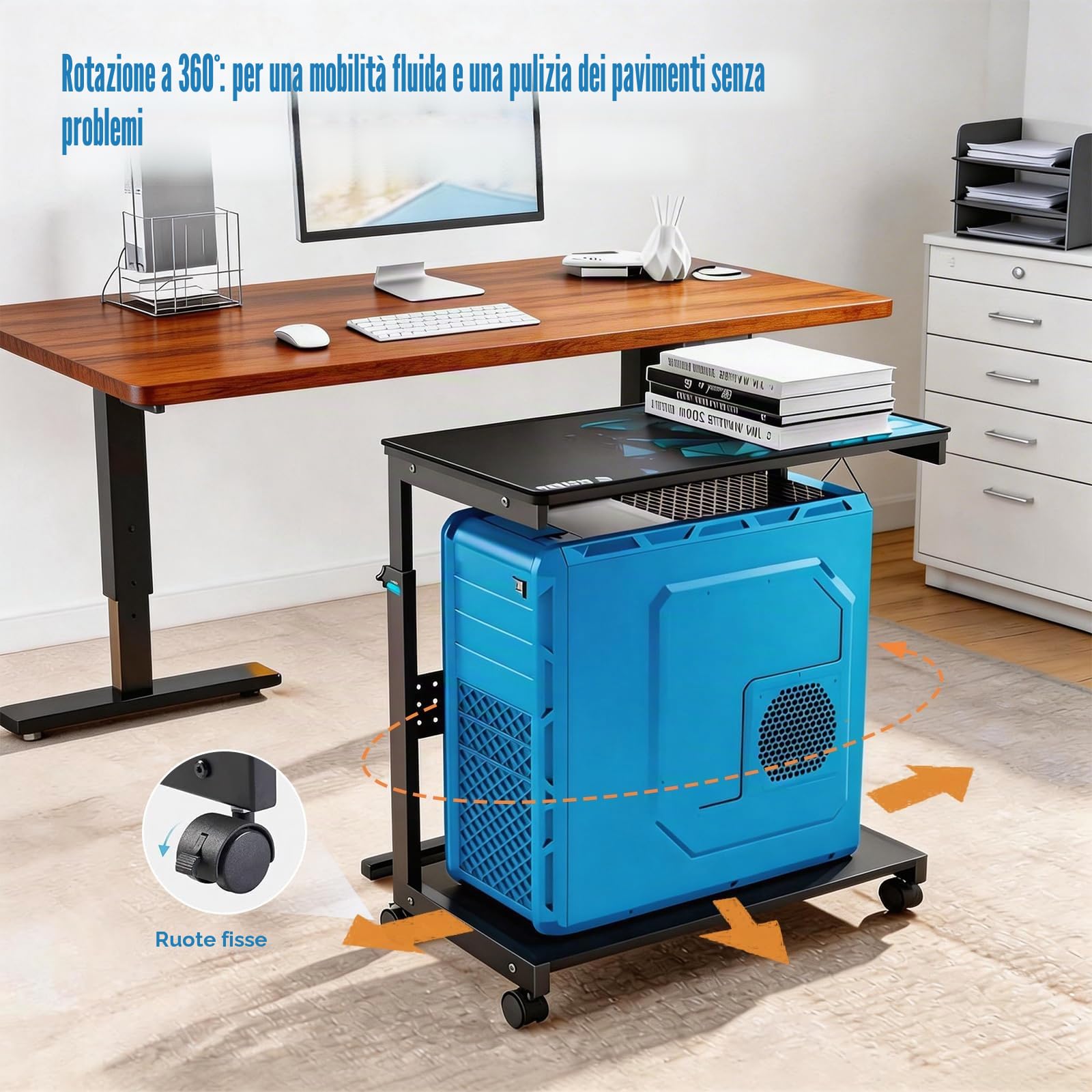 Supporto per PC da posizionare sotto la scrivania, supporto a due ripiani regolabile in altezza con rotelle, supporto metallico resistente per case ATX fino a 55 kg