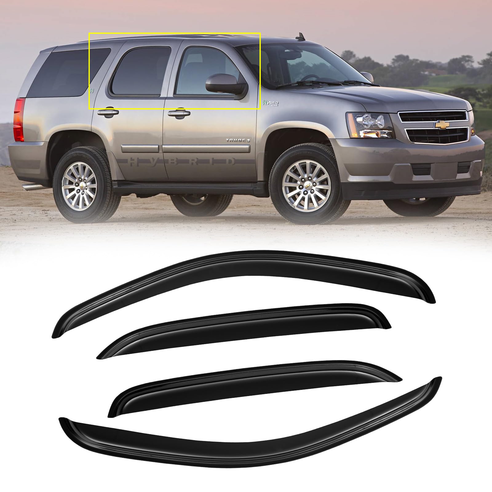 Window Visors for Chevy Chevrolet Tahoe & GMC Yukon 2007-2014 (Not fit Yukon XL), Rain Guards Shield Vent Shade Deflector Dark Smoke 2008 2009 2010 2011 2012 2013, Tape-On, 4PCS