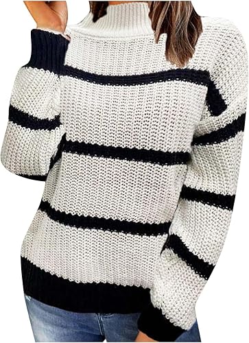 Striped Sweater Women High Neck Casual Sweaters Fashion Stripe Turtlenecks Knit Long Sleeve Loose Shirts Fall Winter Clothes