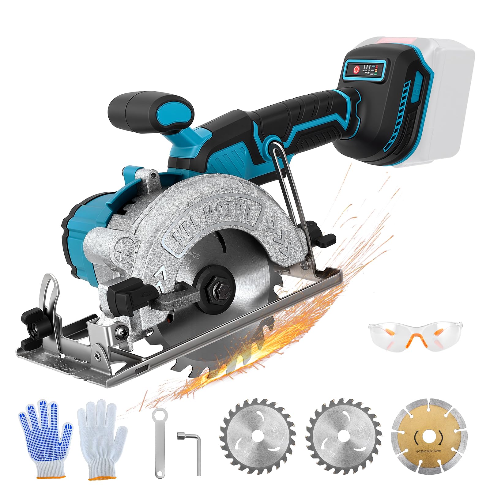 Sierra circular inalámbrica para Makita 18 V, batería de litio, sin escobillas, mini sierra circular 125mm de mano con 3 hojas, Corte 48mm, Inalámbrica para Madera y Bricolaje