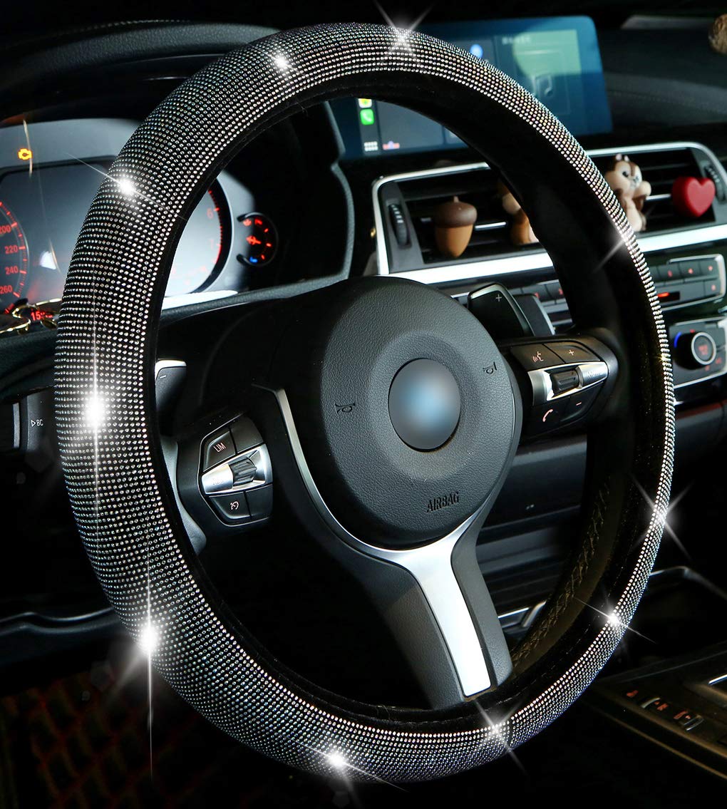 Vandz Bling Steering Wheel Cover for Women Girls, Crystal Diamond Leather Car SUV Wheel Protector 15 Inch (White)