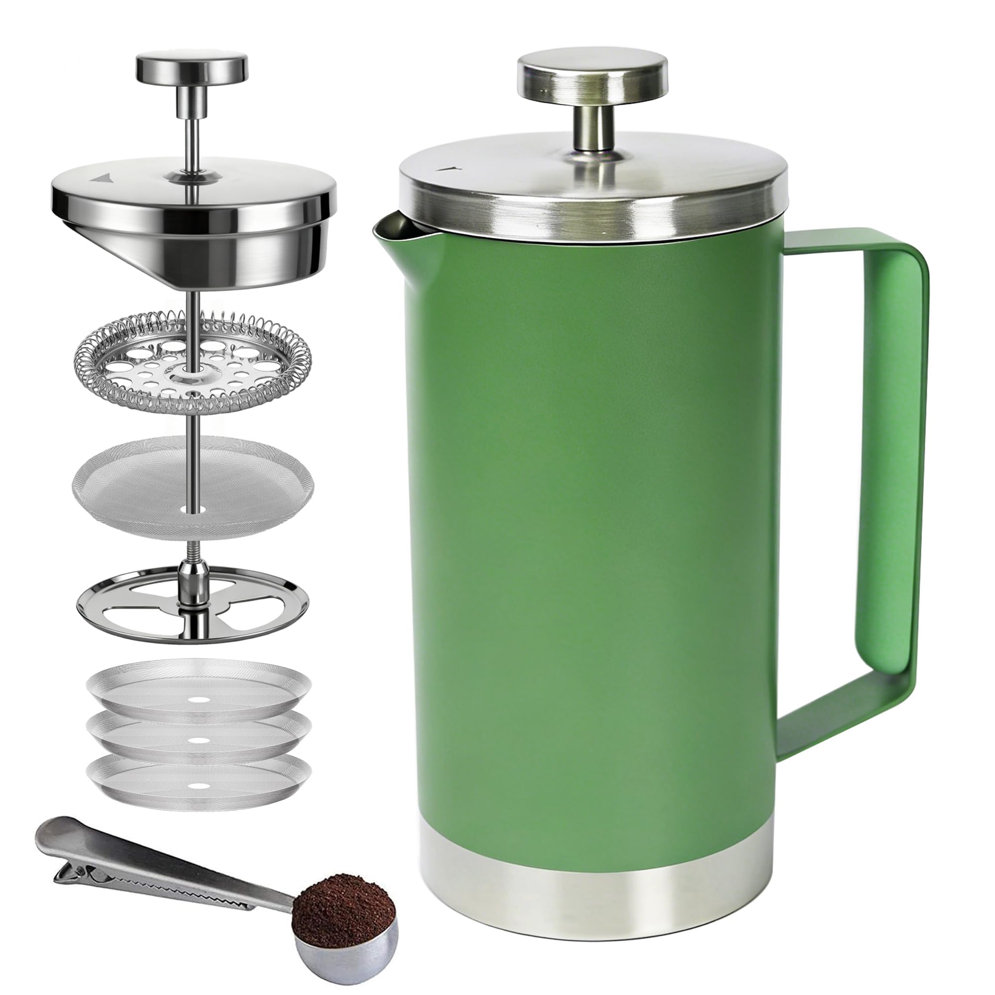 Cafetière à piston française 600 ml, isolation à double paroi en acier inoxydable 304, système de filtration à 3 niveaux, poignée ergonomique en silicone, vert frais, 2 à 4 tasses pour la
