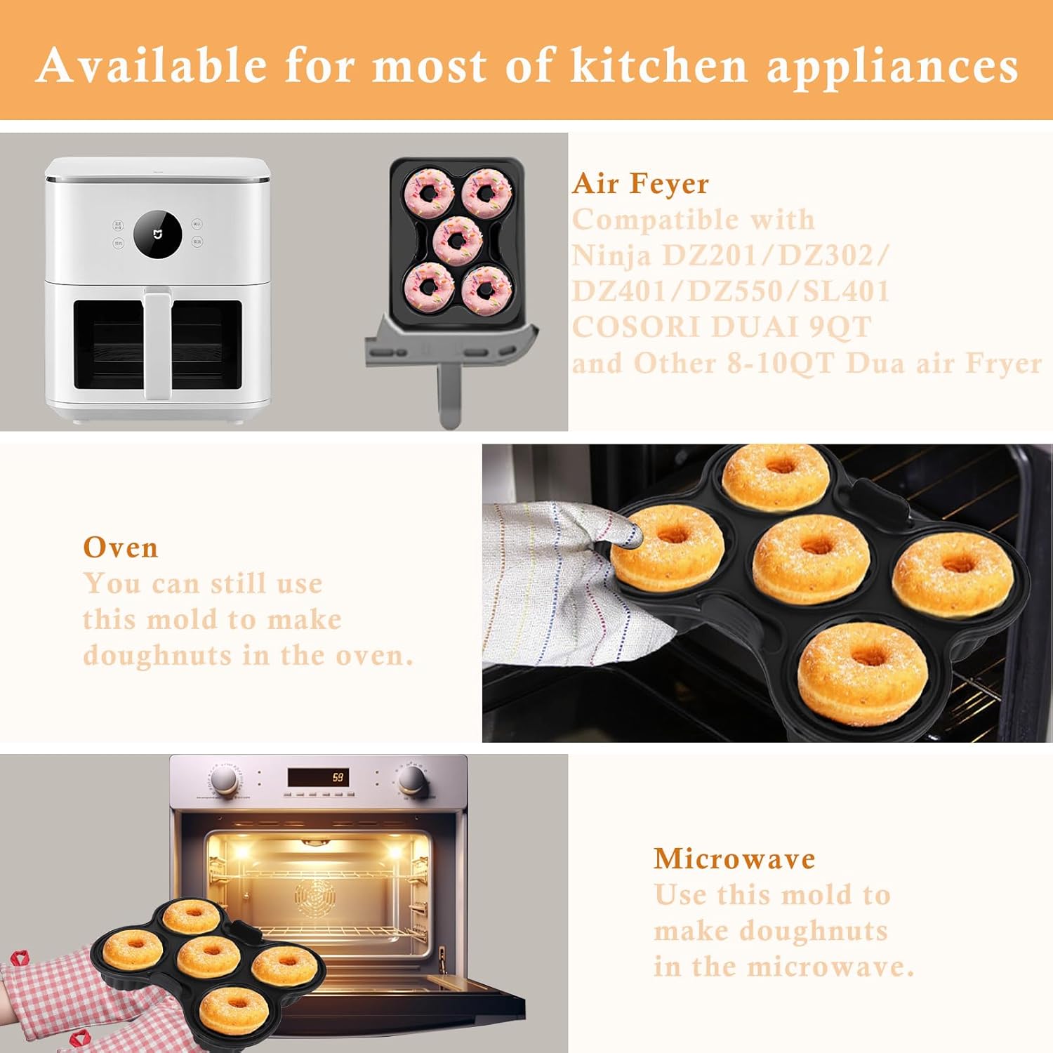 2 Pcs Silicone Donut Pan for Baking, Nonstick 5 Cavity Doughnut Baking Pans for Ninja 8QT-10QT Air Fryer, Make Perfect Bagels and Cake Donuts, Black - Image 6