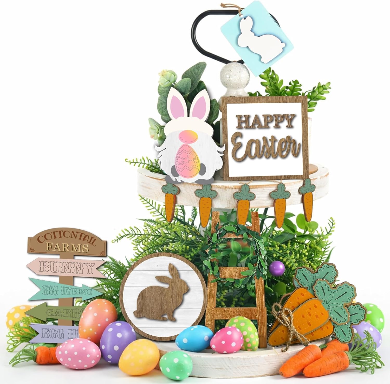 Patelai 12 Pcs Easter Tiered Tray Decor Farmhouse Easter Wood Table Decor Rustic Bunny Rabbits Carrot Gnome Egg Sign Decorative Spring Table Centerpieces for Home Indoor Kitchen