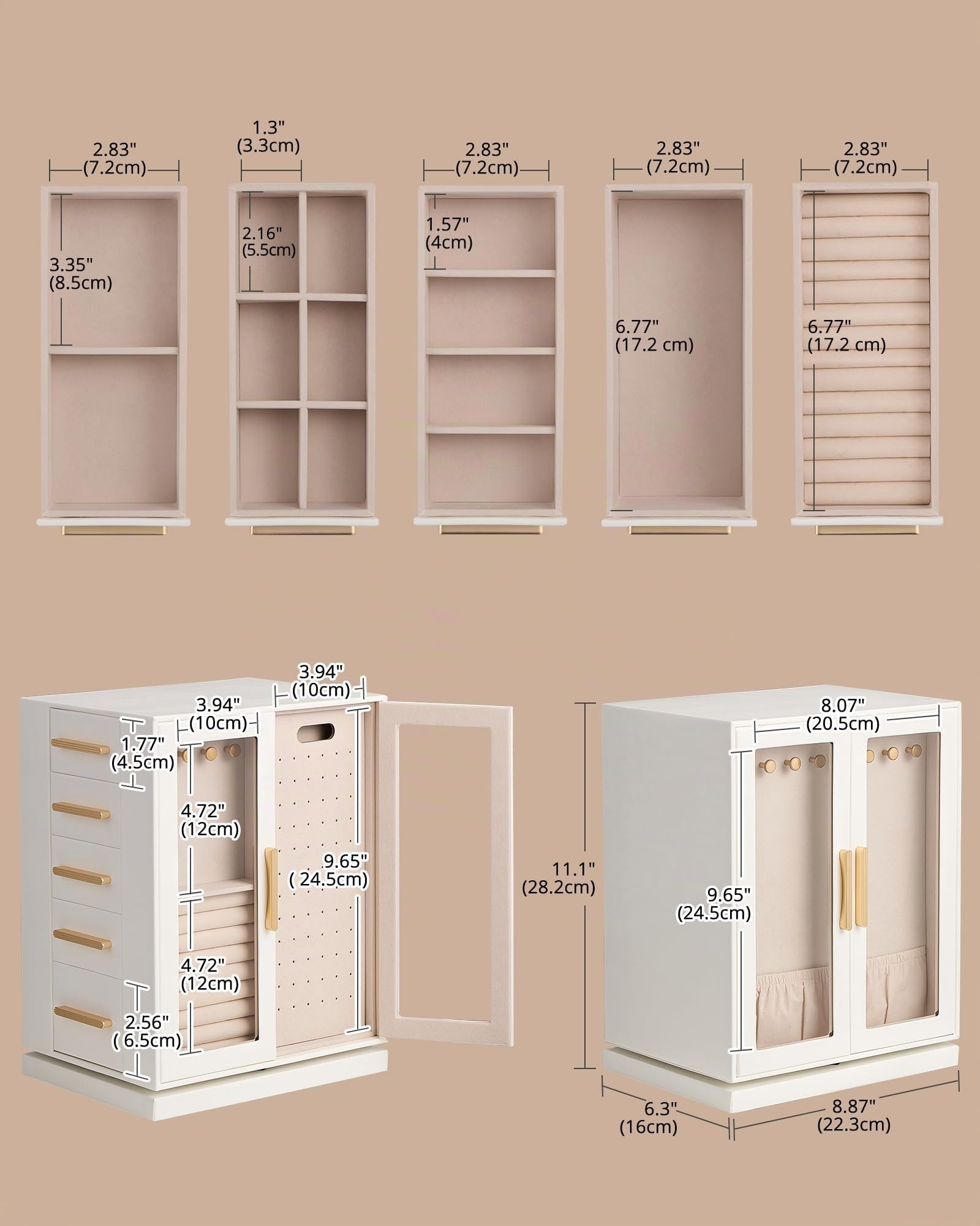 Lolalet Caja para Joyas, Estuche Grande Giratorio 360º con Ventana Transparente para Almacenar Pendientes Pulseras Collares Anillos -Blanco