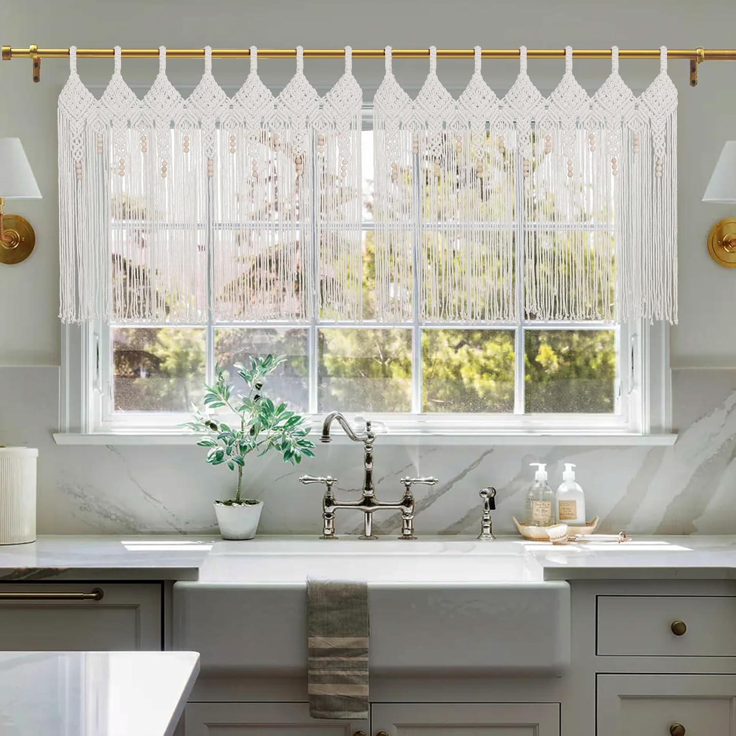 Boho Valance Macrame Curtains for Windows 31" W x 39" L Beaded Macrame Curtains for Doorway & Kichen, Large Wall Hanging Home Decor, Window Treament Room Divider Tapestry Wedding Backdrop, 1 Panel