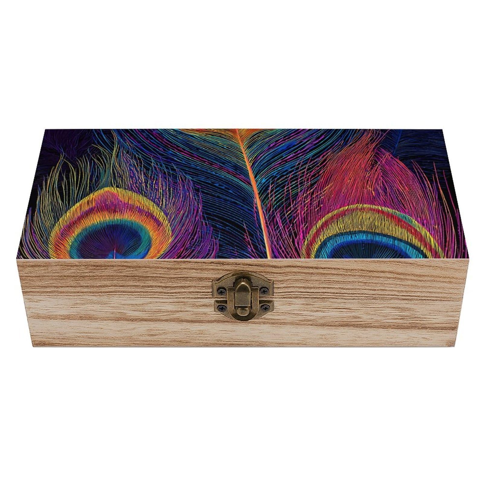 HLBSDM Peacock Feathers Wooden Storage Box Craft Memory Keepsake Treasure Chest Box Jewelry Organizer