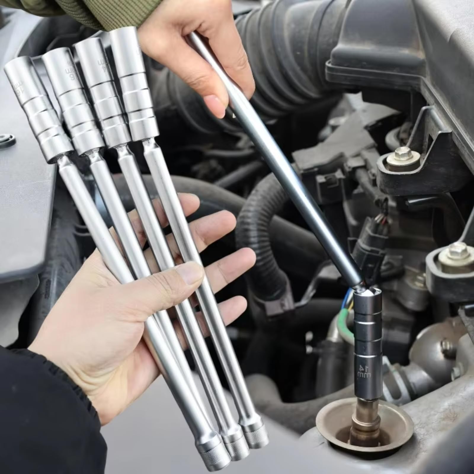 Llaves de bujías Imán 14mm 16mm para Herramienta Extracción Bujías Manguito Llave Inglesa De Vela Giratoria Herramientas De Enchufe De Extensión Larga(1set)