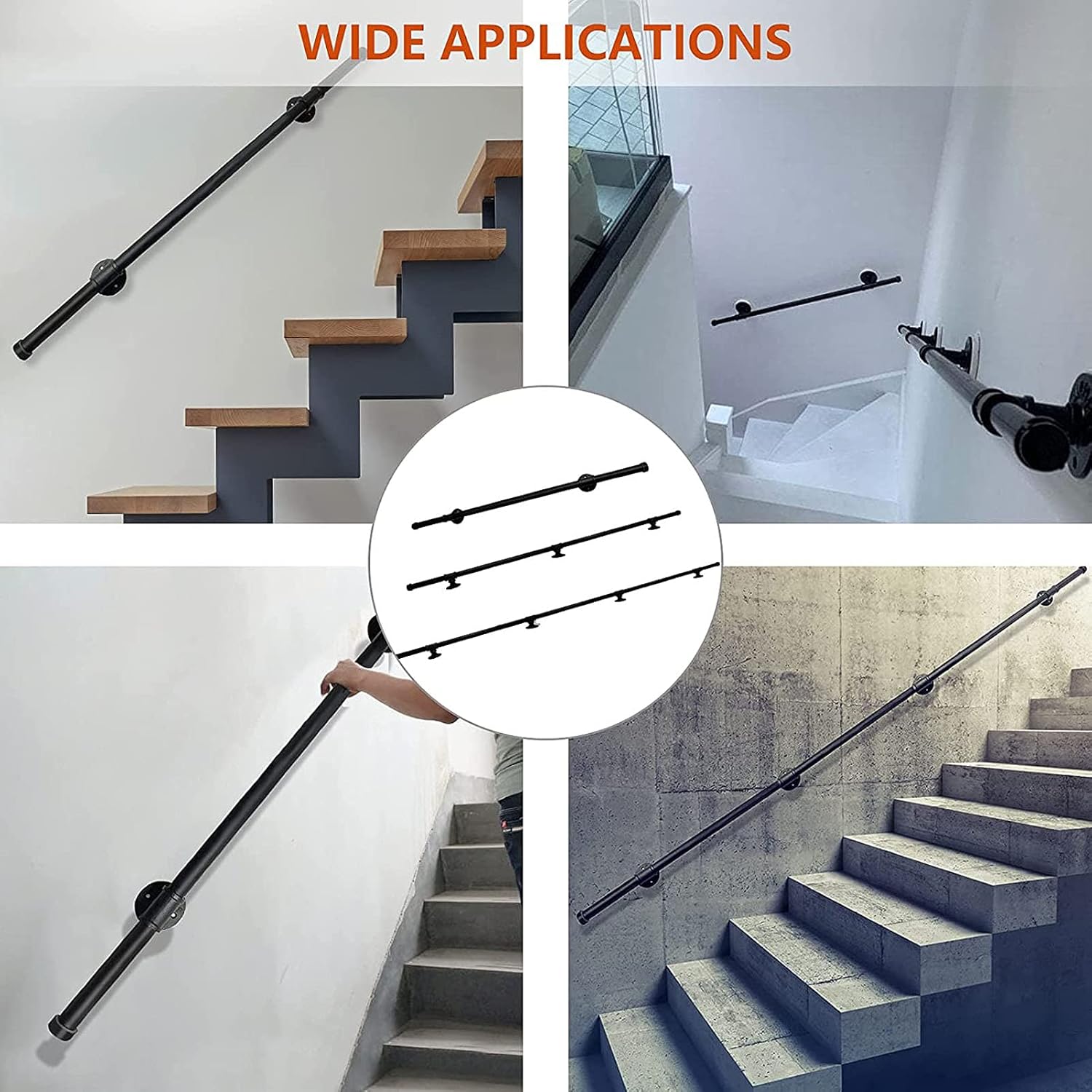 壁取り付け手すり、屋内階段手すり 屋内階段用壁手すり3.3フィート-5.2フィート、アイアンブラック工業用パイプ金属手すり階段手すり