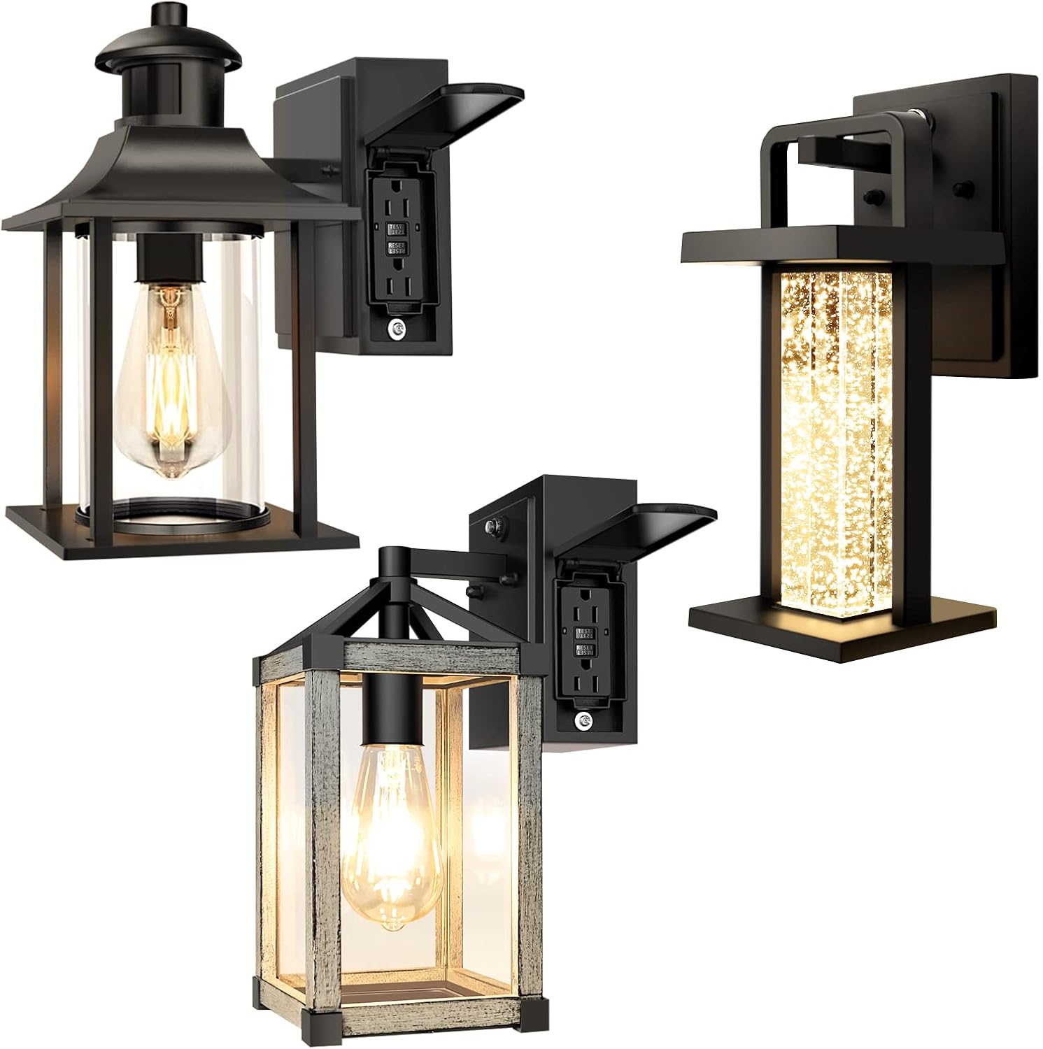 VDKK 3Pack Outdoor Dusk to Dawn Porch Light with GFCI Outlet,Waterproof