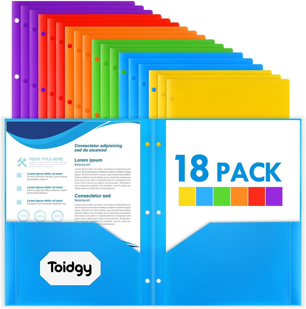 Paquete de 18 carpetas de 2 bolsillos con perforador de 3 agujeros, carpeta de plástico para carpeta de 3 anillas, carpeta resistente a granel para papel tamaño carta, carpeta de colores surtidos para suministros escolares y de oficina