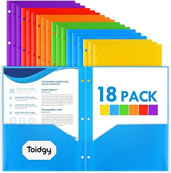 18 Pack 2 Pocket Folders with 3 Holes Punch, Plastic Folder for 3 Ring Binder, Heavy Duty Folder Bulk for Letter Size Paper, Assorted Colors Folder for School and Office Supplies