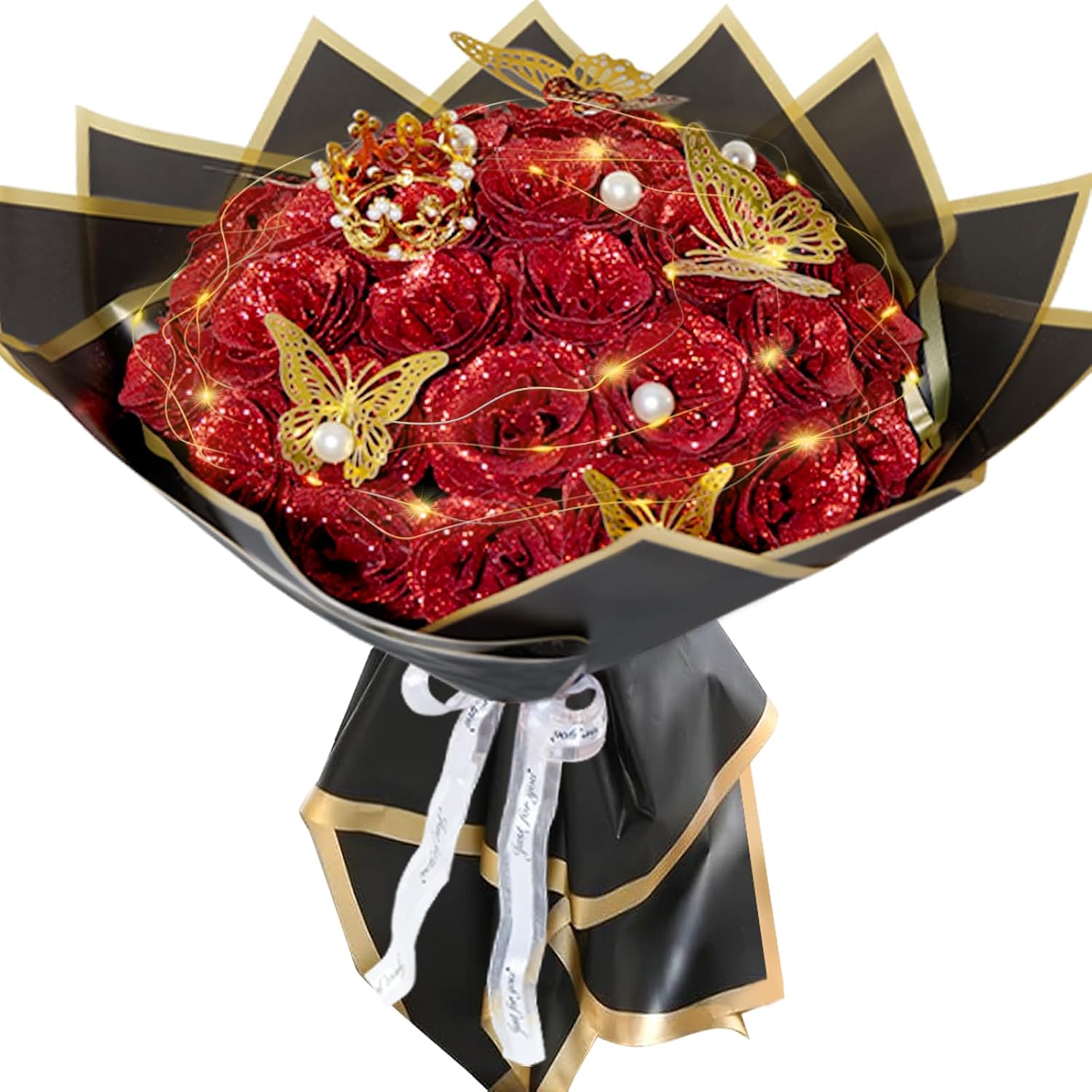 Red Glitter Roses Bouquet, 24 Pcs Shiny Glitter Flowers Bouquet, Everlasting DIY Artificial Roses Bouquet for Christmas, Birthday, Anniversary, Wedding, Engagement