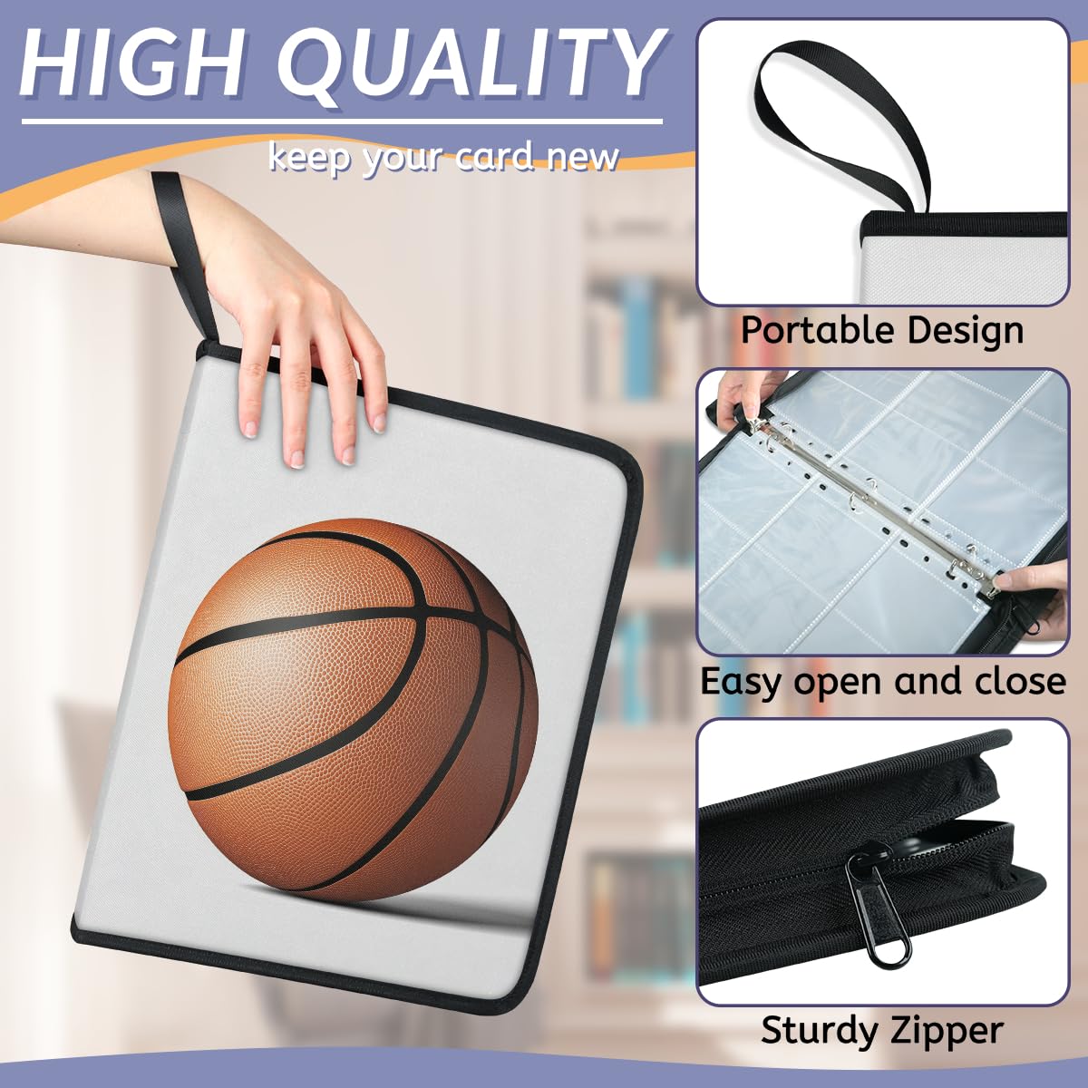 Raccoglitore per carte con 9 tasche, 900 tasche, con chiusura a cerniera (una palla da basket)