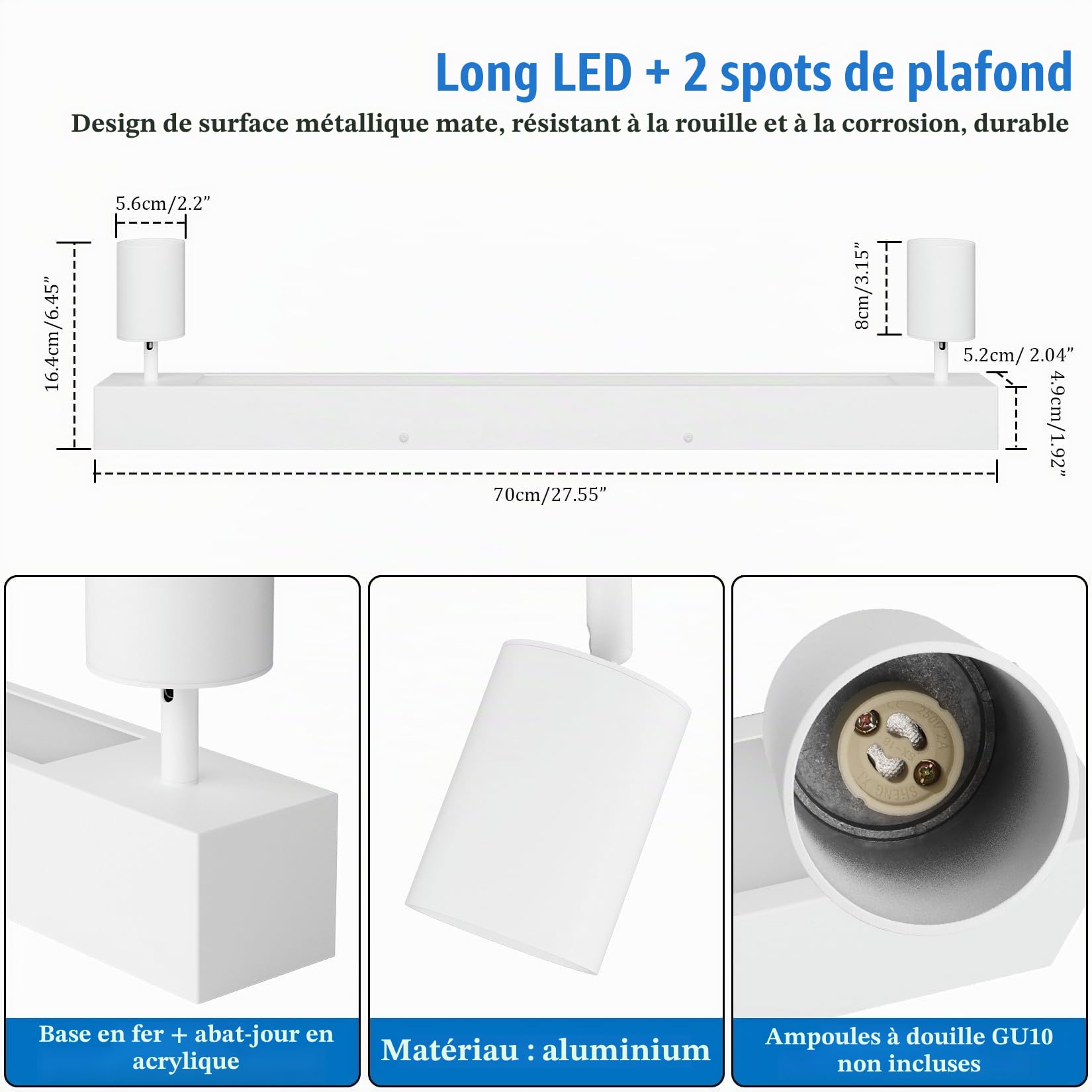 Klighten Spot Plafond Plafonnier 2 Spots Orientable, 28W 2070 Lumen LED + 2 Douille GU10, Luminaire Plafonnier Moderne pour Cuisine, Chambre, Salon, Couloir, Blanc, GU10 Ampoule non Incluse