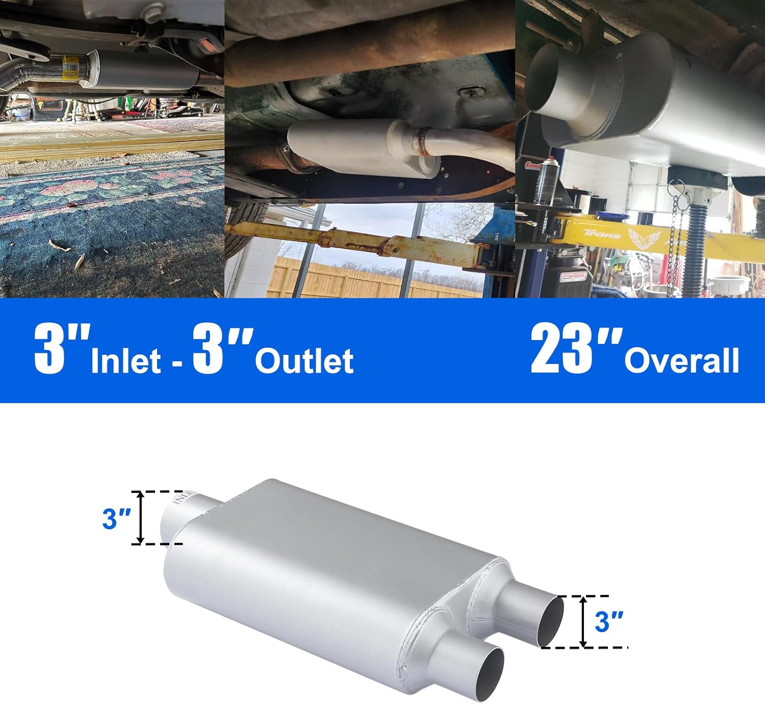 Universal Mufflers Performance Automotive Exhaust Aluminized Steel Muffler three Chamber center in dual out overall 23" (3" center in | 3" dual out)