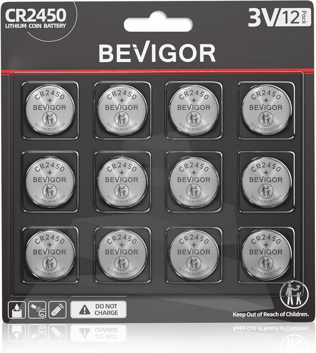 BEVIGOR 2450 Battery Compatible with AirTag CR2450 Lithium 3V Coin Battery for Child Safety, Suitable for Key Fobs, Smart Sensors, Scales, Candles and More (CR2450-12P)