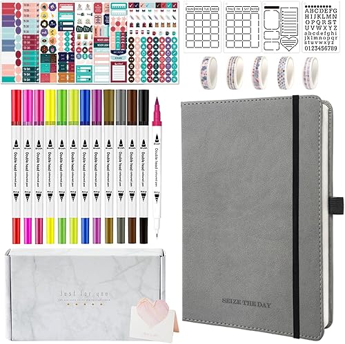 Kit de diario de puntos de viñetas cuaderno de puntos A5 de tapa dura con 200 páginas papel grueso de 120 GSM 12 bolígrafos de colores finos