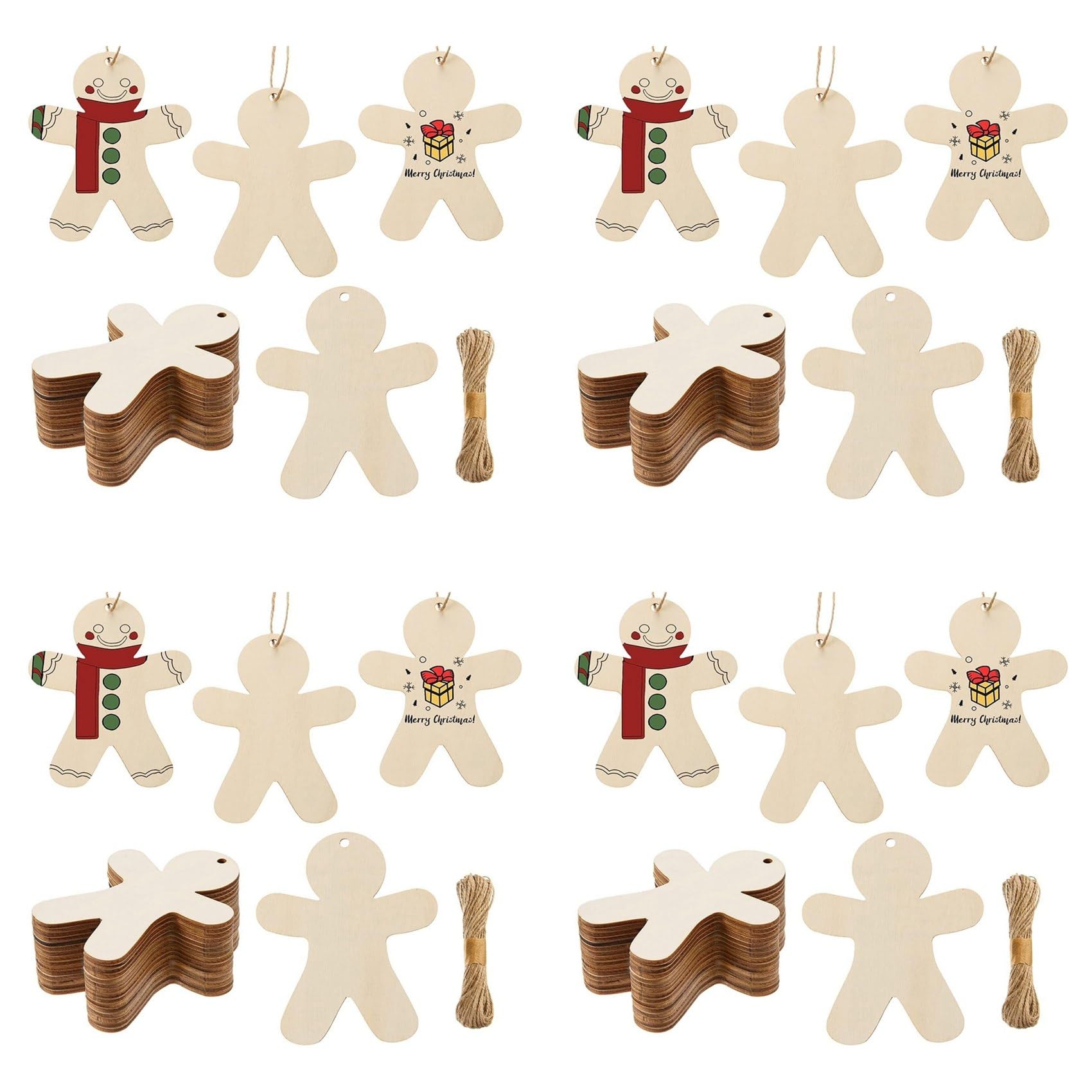 Vjsujehgy 200PCS Unfinished Wood Gingerbread Man Ornaments Cutouts Blank Wood Gingerbread Men Hanging Decor with Twine