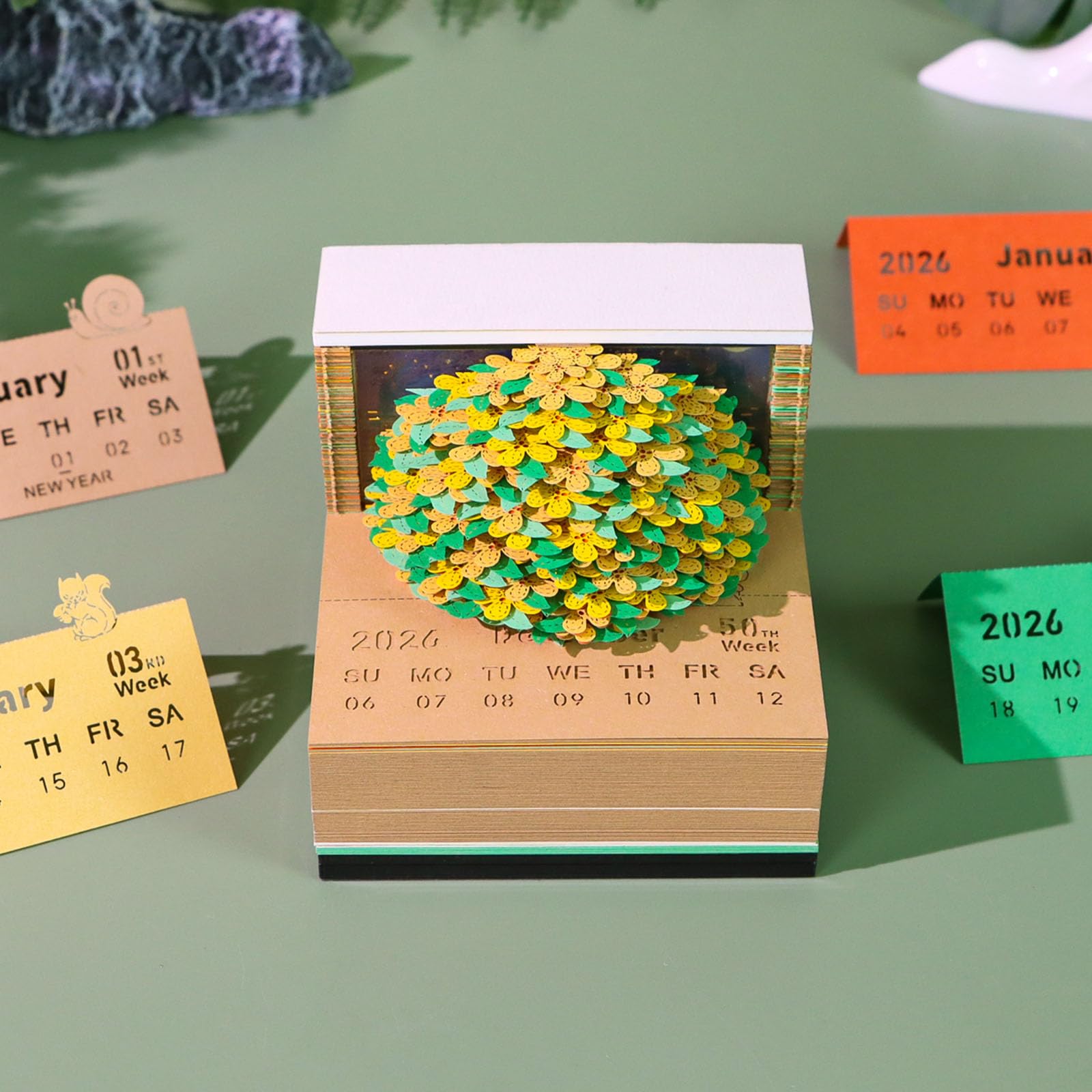 Accessorio creativo da scrivania in carta 3D che combina calendario 2026 e appunti con motivi floreali Elegante cancelleria per ufficio