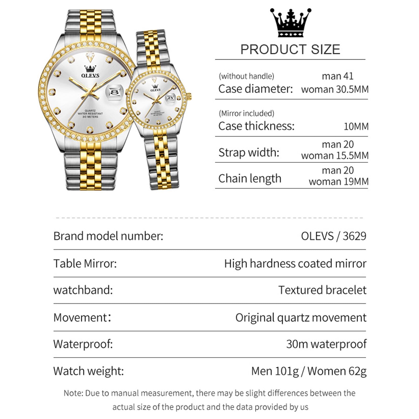 OLEVS Paar Uhr für Sie und Ihn, analoge Quarzuhr, für Damen und Herren, wasserdicht, Leuchtend, Datum, Armbanduhr, romantische Geschenke für Paare