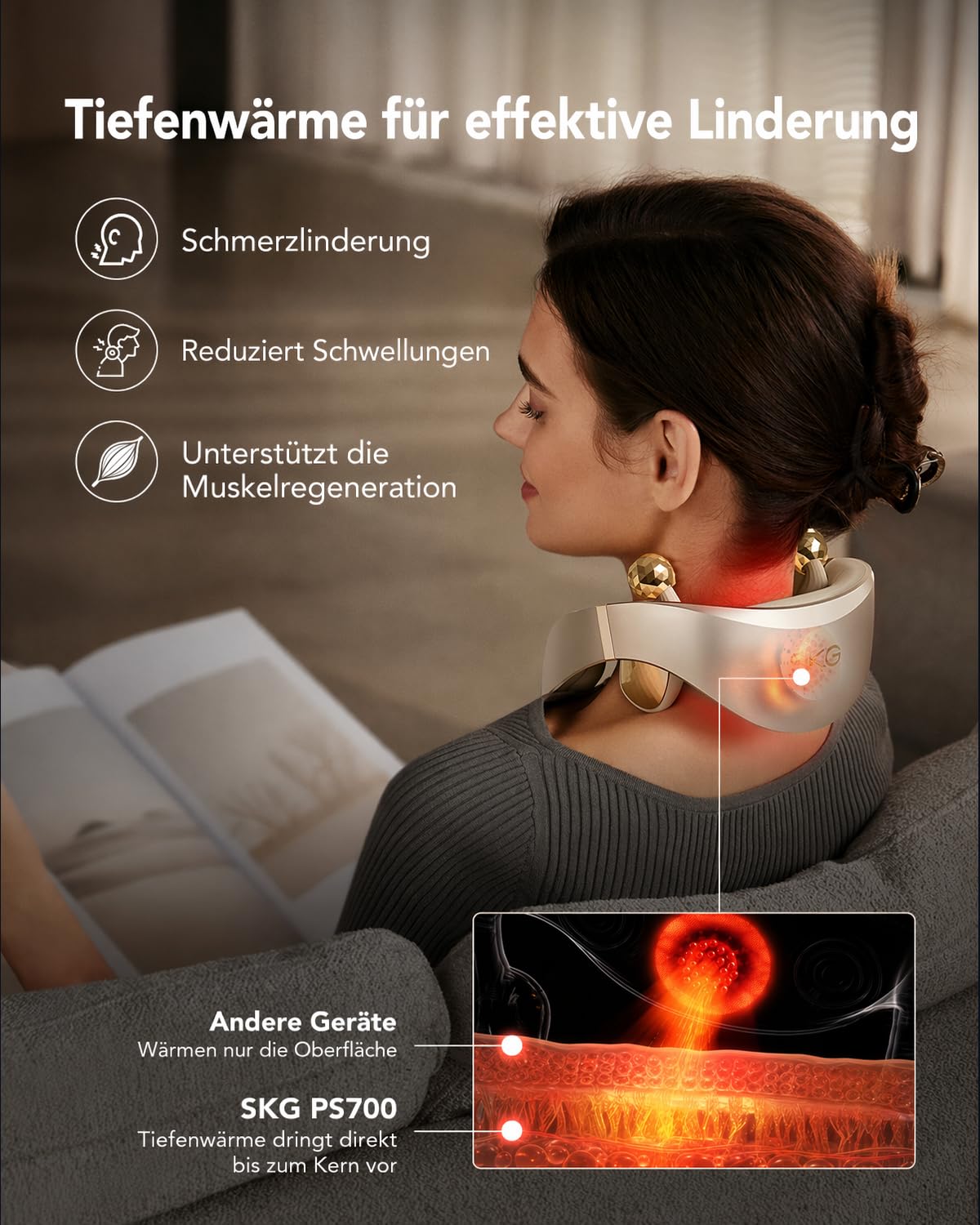 SKG Nackenmassagegerät mit Wärme & Musik, App, Shiatsu Kabellos, PS700 | Elektrisches Massagegerät gegen Nackenschmerzen, Tiefengewebsmassage, Tragbar für Büro & Reise, Geschenk für Damen & Herren