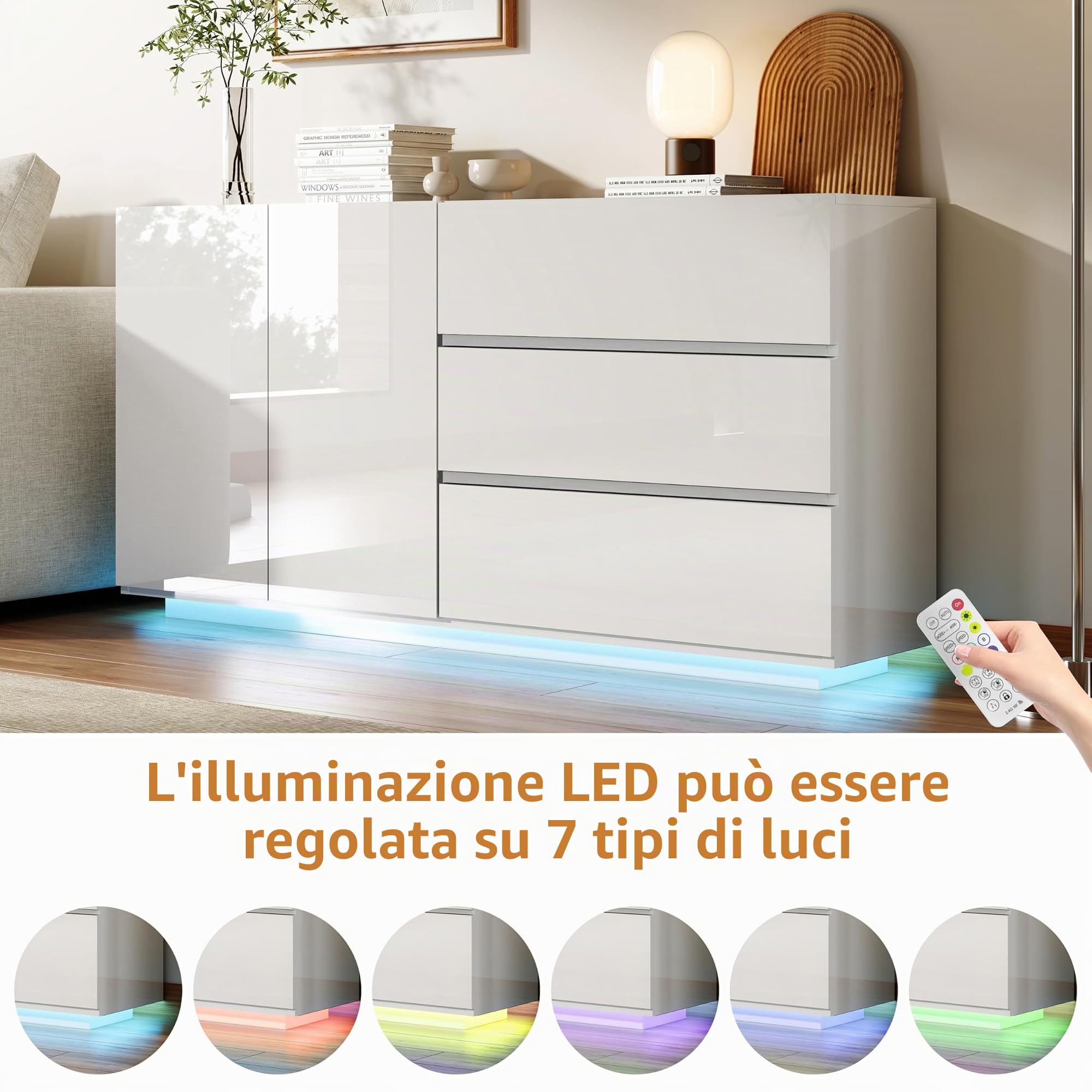 Nowoczesny biały połysk Credenza z oświetleniem LED, 3 otwory i 2 drzwi, szerokość 160 cm, do kuchni, salonu, jadalni, biura, przedpokoju, 160 x 35 x 76 cm