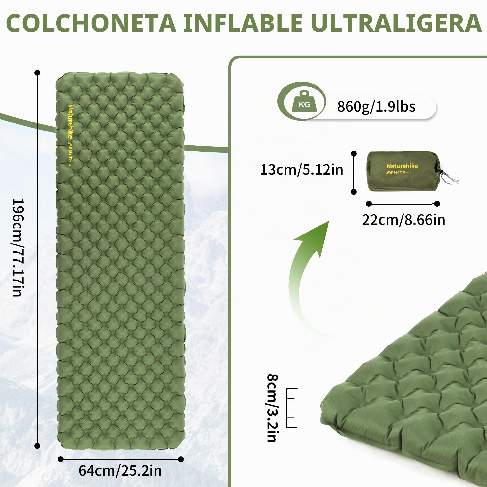 Naturehike Colchoneta Hinchable 4.6R-Valor para Camping, Portátil e Individual - Ideal para Trekking, Senderismo, Montañismo, Mochilero y Actividades Outdoor