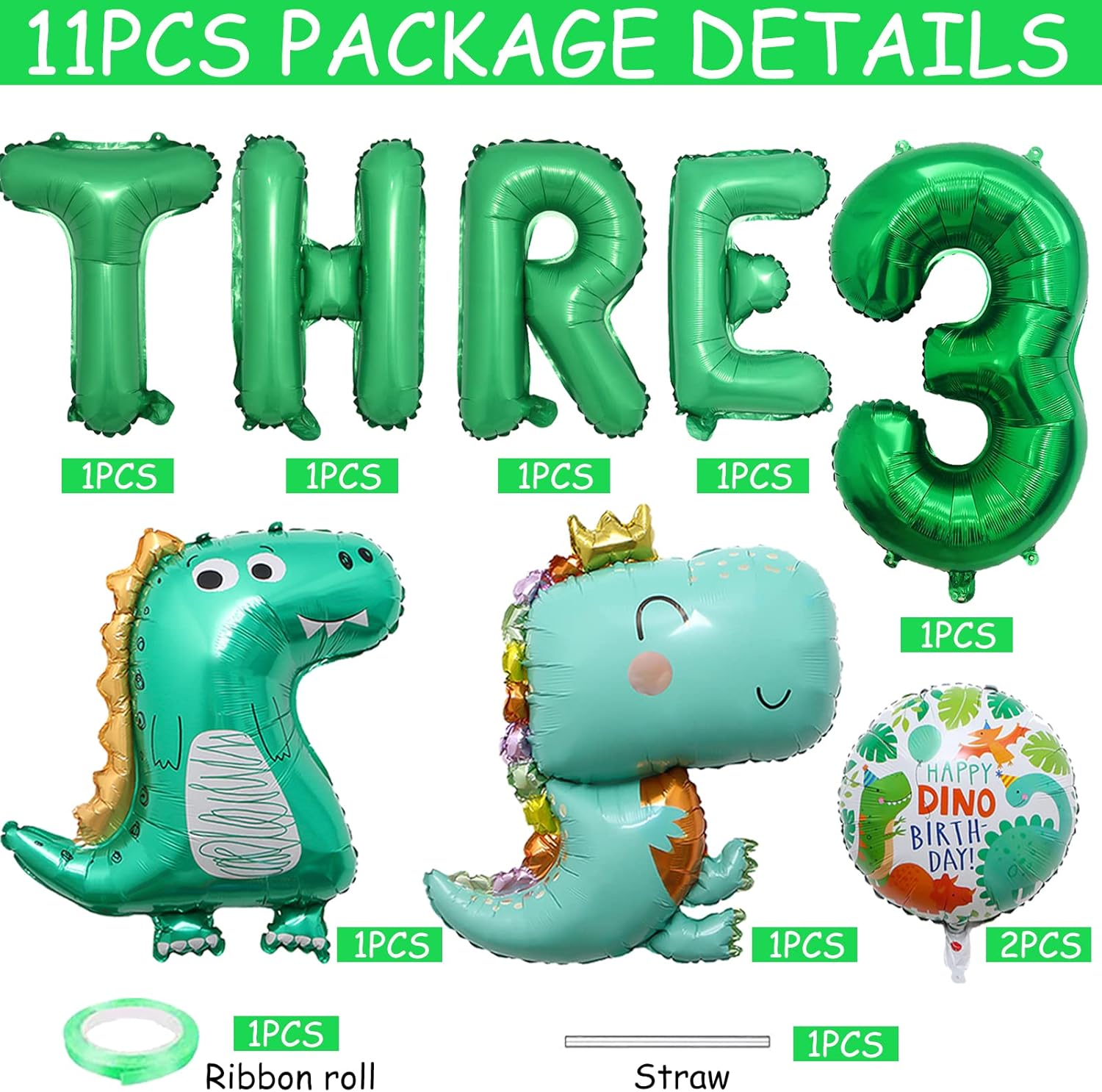 Dinosaur 3rd Birthday Decorations Dinosaur Balloons, Three Letter Balloon, Number 3 Balloon, Dino Balloons for 3rd Birthday Party Supplies