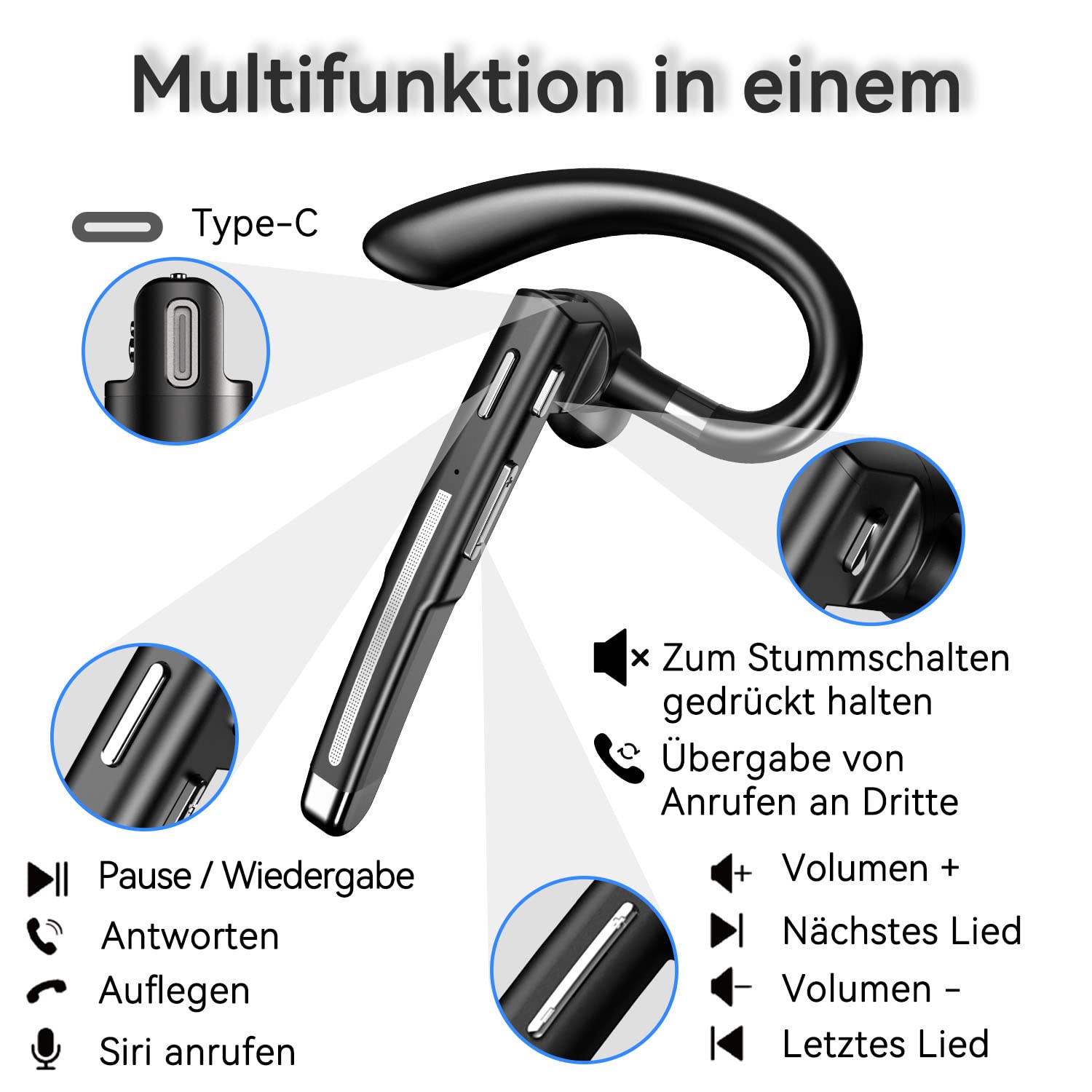 Bluetooth Headset mit Mikrofon, V5.4 In Ear Freisprech Handy Kabellos Kopfhörer mit LED Ladebox für Autofahren/Business/Büro, IPX7 Wasserdicht, Kompatibel mit iPhone Android Smartphones und Tablets
