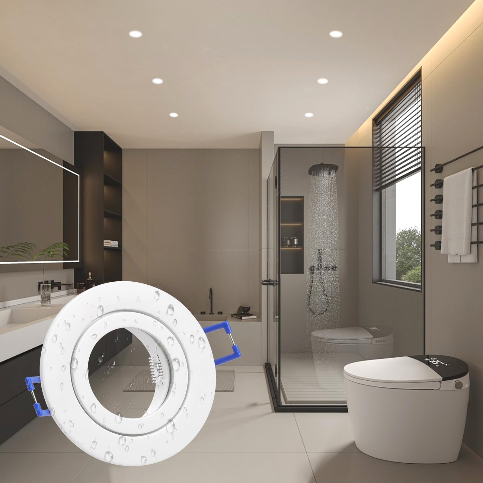 KYOTECH Lot de 4 Spot Encastrable GU10 LED pour Salle de Bain IP44 Spots de plafond 68mm - Cadre Rond Blanc avec Douilles GU10 pour Lampes Halogènes MR16 et Modules LED