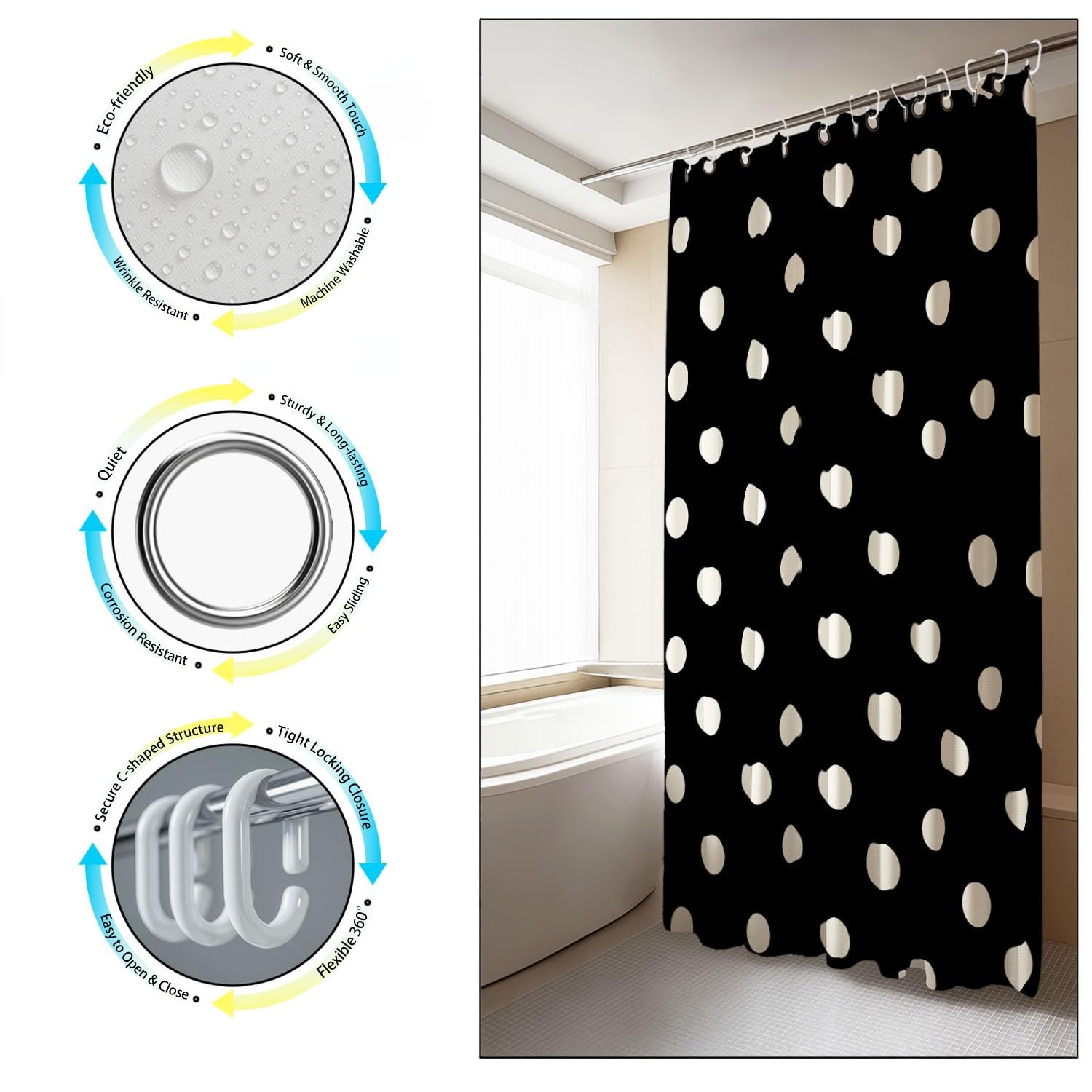 Cortina de ducha genérica antimoho, cortina de ducha clásica, lunares 180 x 180 cm, tela lavable simple, elegante, lunares y cortinas, baño con ganchos, negro y blanco