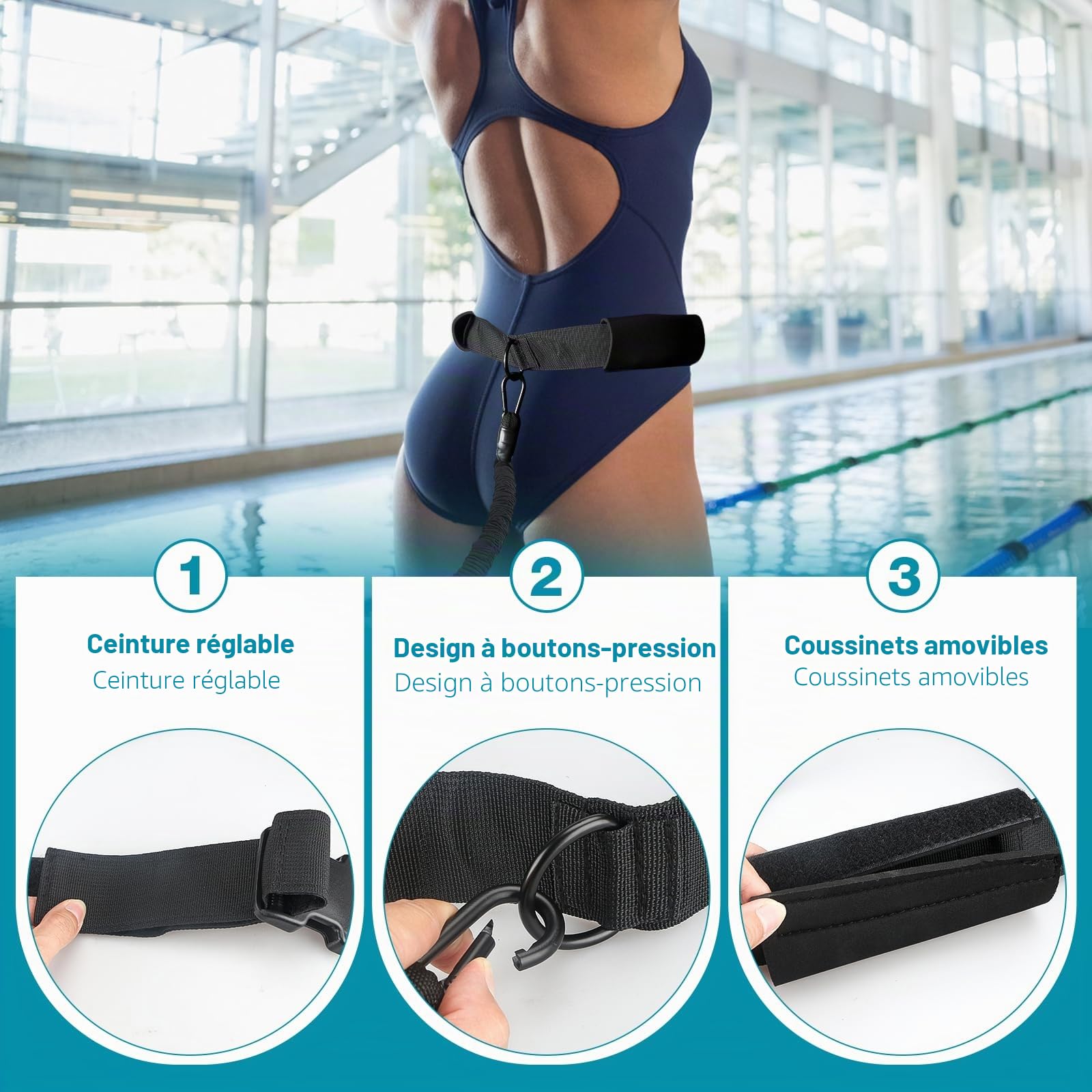 TUT Ceinture de Natation, Ceinture de Natation pour la Piscine Corde de Natation (4 à 10 m), Elastique de Nage Piscine Ceinture d'entraînement Réglable pour Adultes - Nage Contre Courant Ceinture