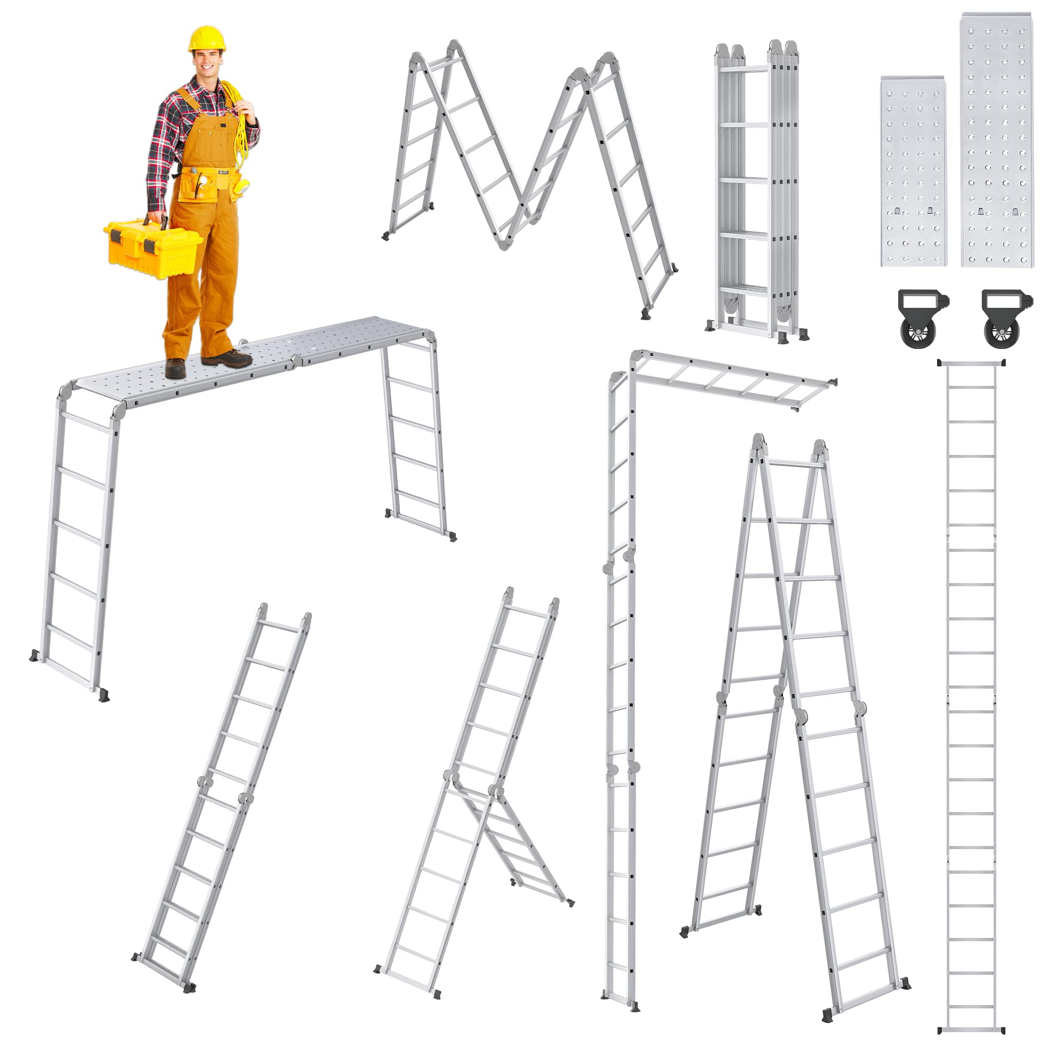 SAILUN Multi-Purpose Ladder, 6-in-1 Folding Adjustable Ladder, Work Platform with 2 Scaffold Plates, 150kg Capacity, Anti-Slip Feet, for Home, Office, 4 x 5 Steps