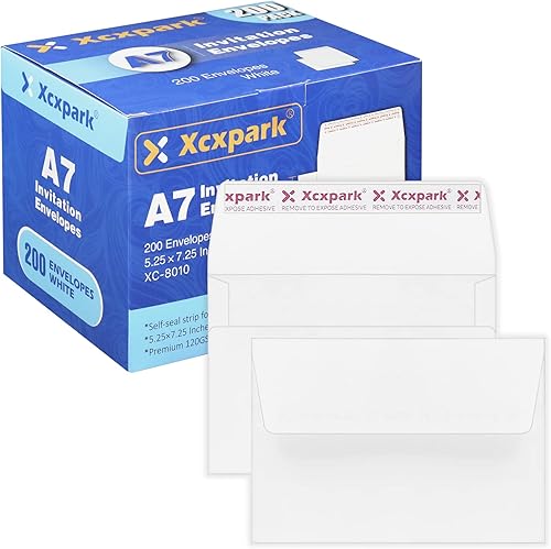 200 sobres de invitación imprimibles A7 de 5.25 x 7.25 pulgadas, sobres de papel blanco autosellados de 120 GSM para invitaciones, papeles, fotos,