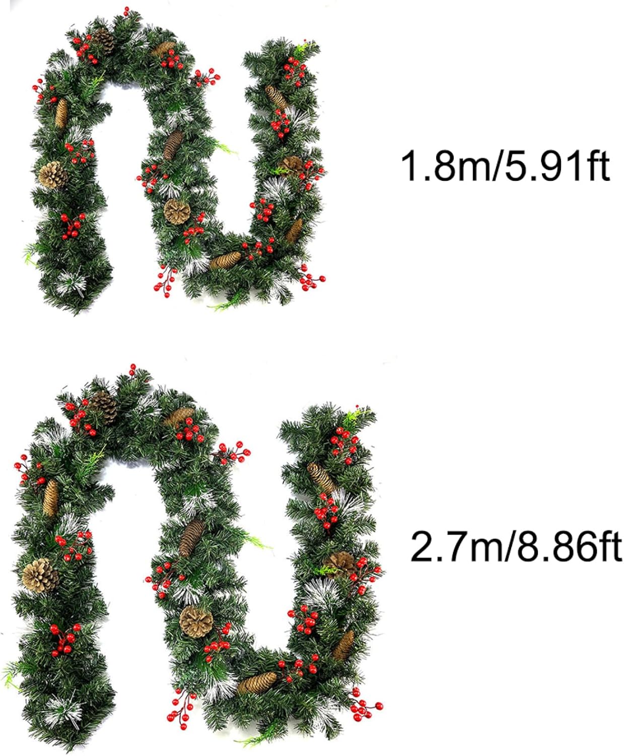 9フィートの長いクリスマスガーランド、柔軟なPVC製の吊り下げ式人工クリスマスリース（リボン付き）、階段、手すり、暖炉、玄関ポーチ、