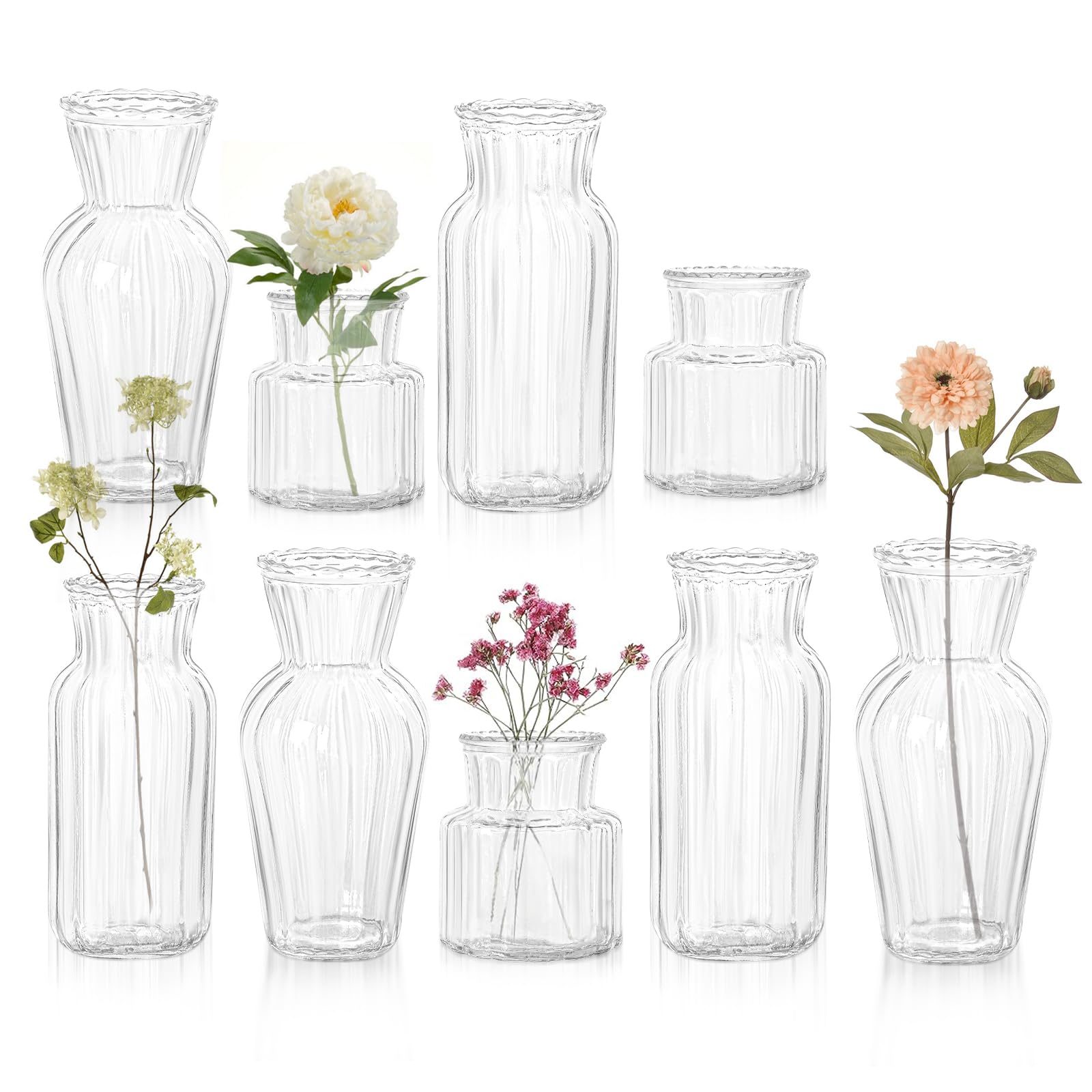 SUJUNModern Clear Glass Vase Set - 9Pcs Small Handmade Flower Vases, Decorative Mini Bud Vases for Wedding Reception, Dining Table, and Home Decor - Perfect for Single Stem Flowers