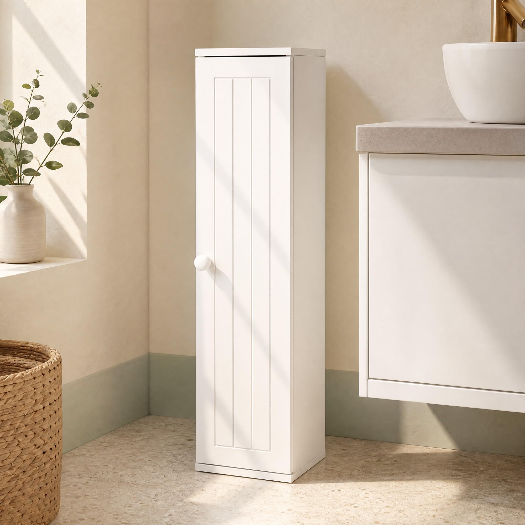 LIFEZEAL Armario para Papel Higiénico de Baño, Independiente con 5 Compartimentos y 3 Estantes Desmontables, de Suelo con Una Puerta, Blanco