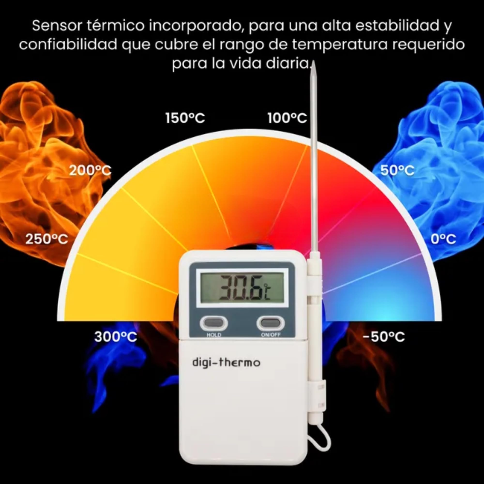 Termómetro digital de mano con sonda, 50° a +300°C, 3V DC (AAA), para climatización y cocina