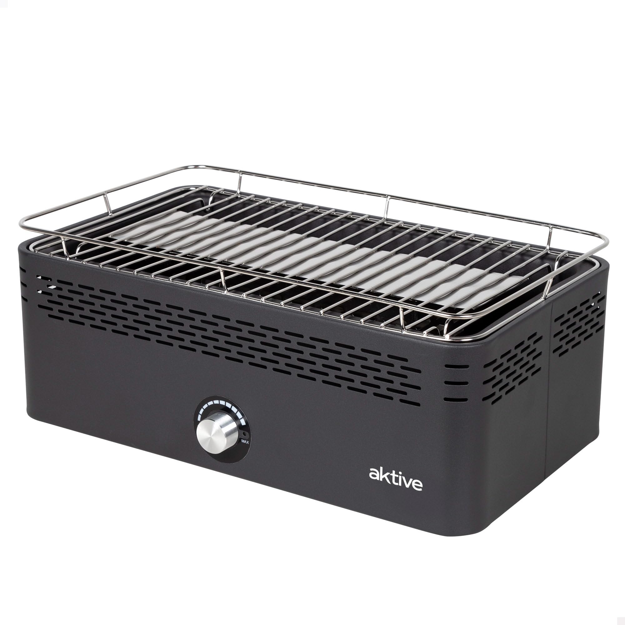 Aktive - Przenośny grill na węgiel drzewny z możliwością ładowania na baterie bezdymne czarny, prostokątny, ochrona przed kapaniem, wymiary 45 x 28 x 19 cm, w zestawie z torbą do przenoszenia, grill,