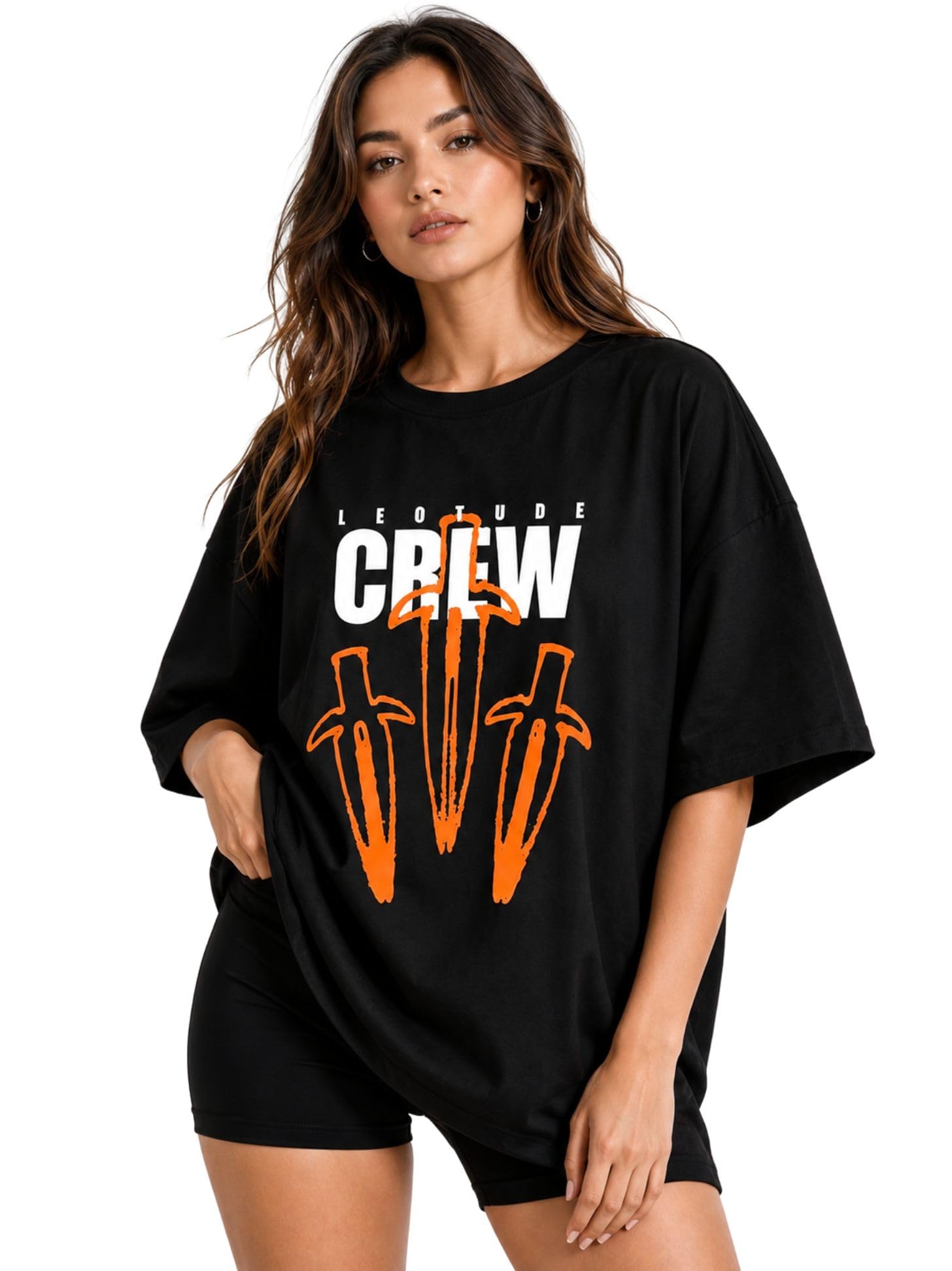 leotude Women's Oversized Drop Shoulder Half Sleeve Round Neck Loose Baggy Fit Cool Front Teddy Printed T-Shirt for Women/Girls (Color: Black)-picture-29