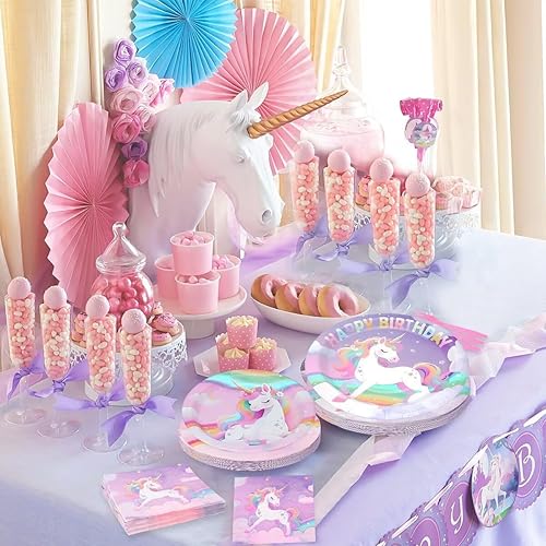 Miniatura 10 de Juego de 96 suministros de fiesta de unicornio arcoíris – Incluye platos de papel para cena y postre, servilletas, tenedores para fiestas