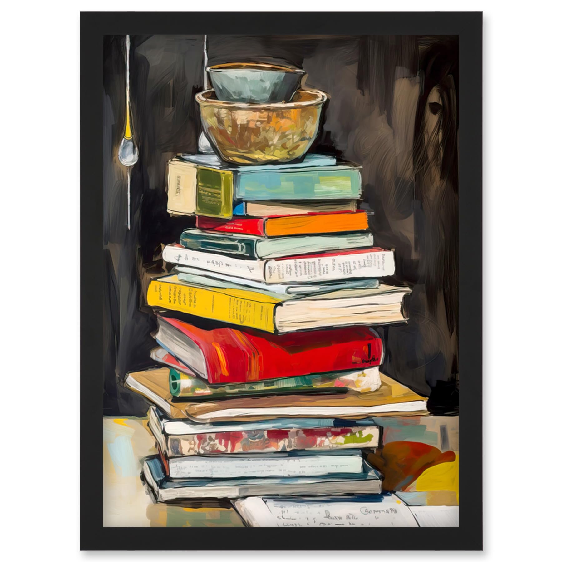 Artery8 A Stack of Recipe Cookbooks with Bowls on Top Artwork Framed Wall Art Print A4