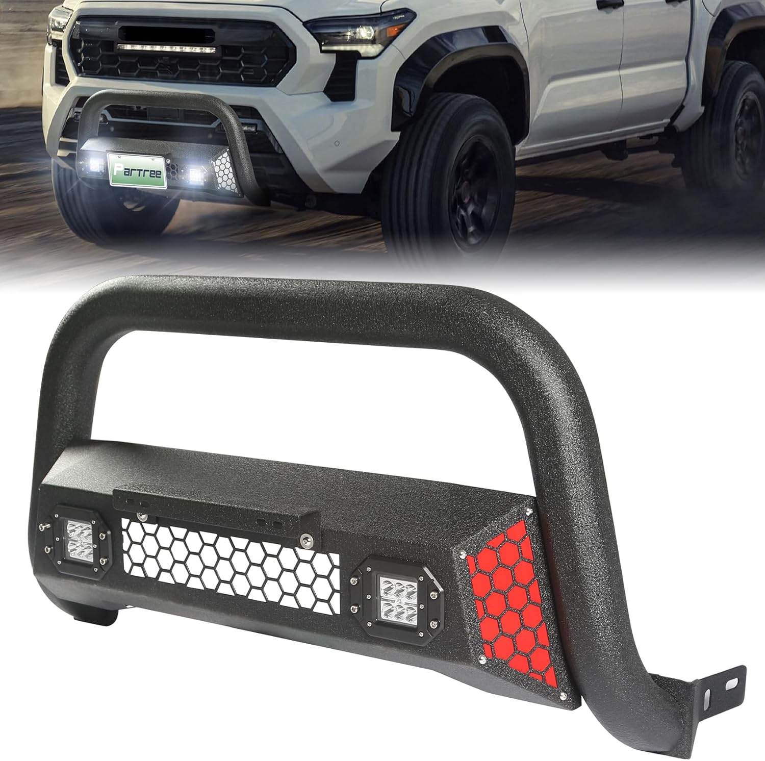 Bull Bar fit for 2024 2025 2026 Toyota Tacoma with LED Lights & License Plate Bracket Paintable Front Bumper Guard & Grille Protector (Note:Doesn't fit Front Radar Models)