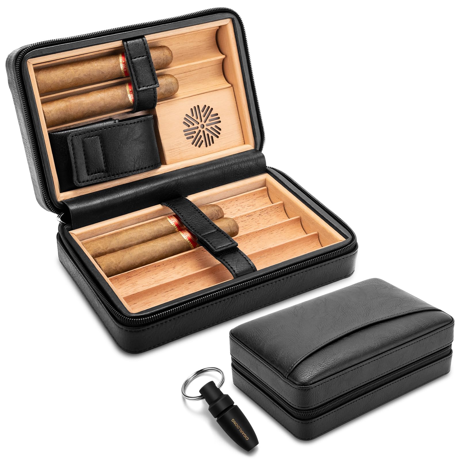 Boîte à cigares de Voyage avec poinçon, étui à cigares en Cuir doublé de Bois de cèdre pour 6 cigares, humidificateur Portable intégré pour Les Amateurs de cigares (Noir)