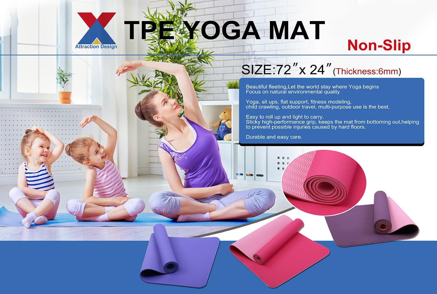 Attraction Design Yoga Mat Non Slip Exercise Mat Extra Thick Workout Mat for Yoga, Eco Friendly Exercise Yoga Mat High Density Fitness Pilates Mat with Carrying Strap, 72"x 24"x 6mm