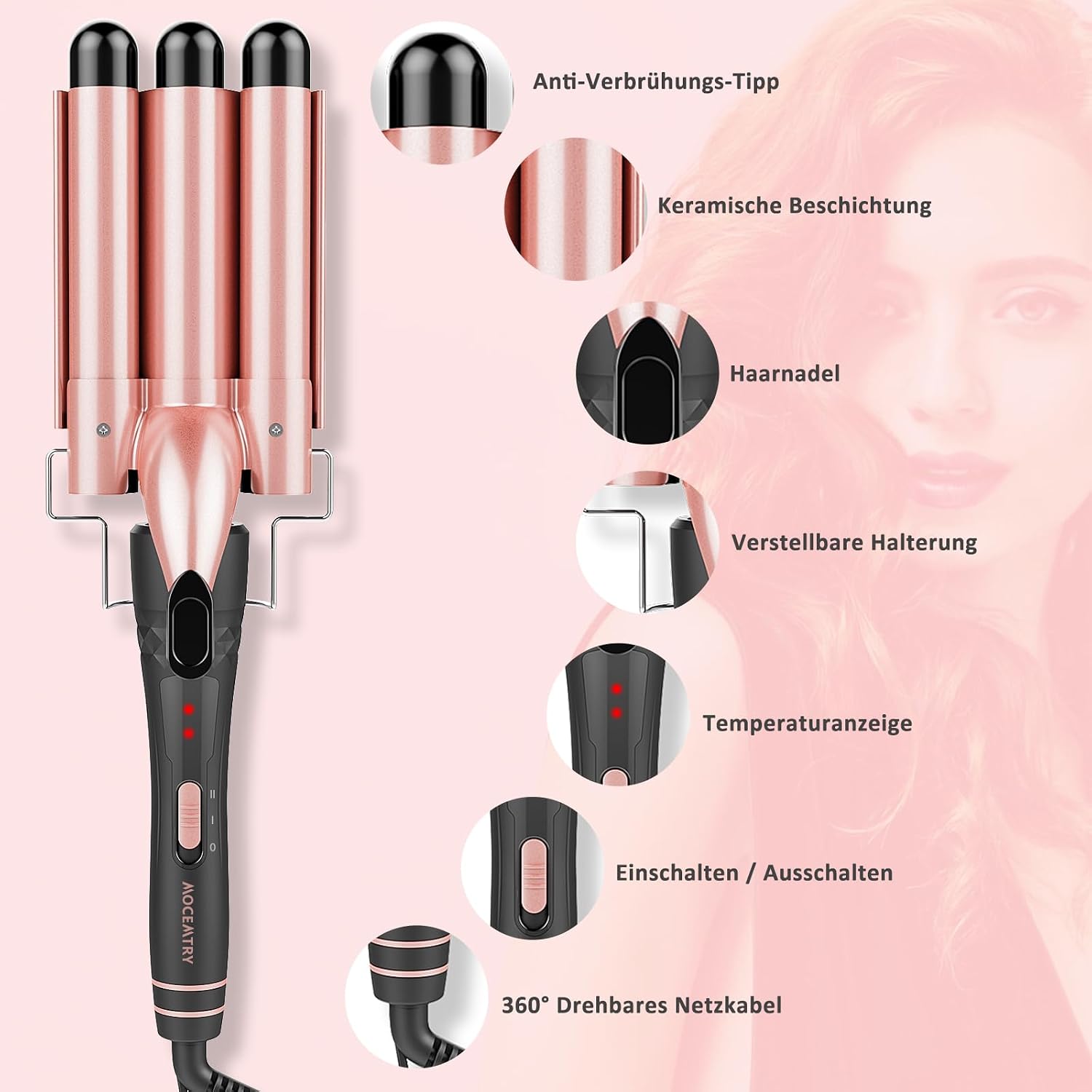 Diagram showing features of the curling iron handle and barrels